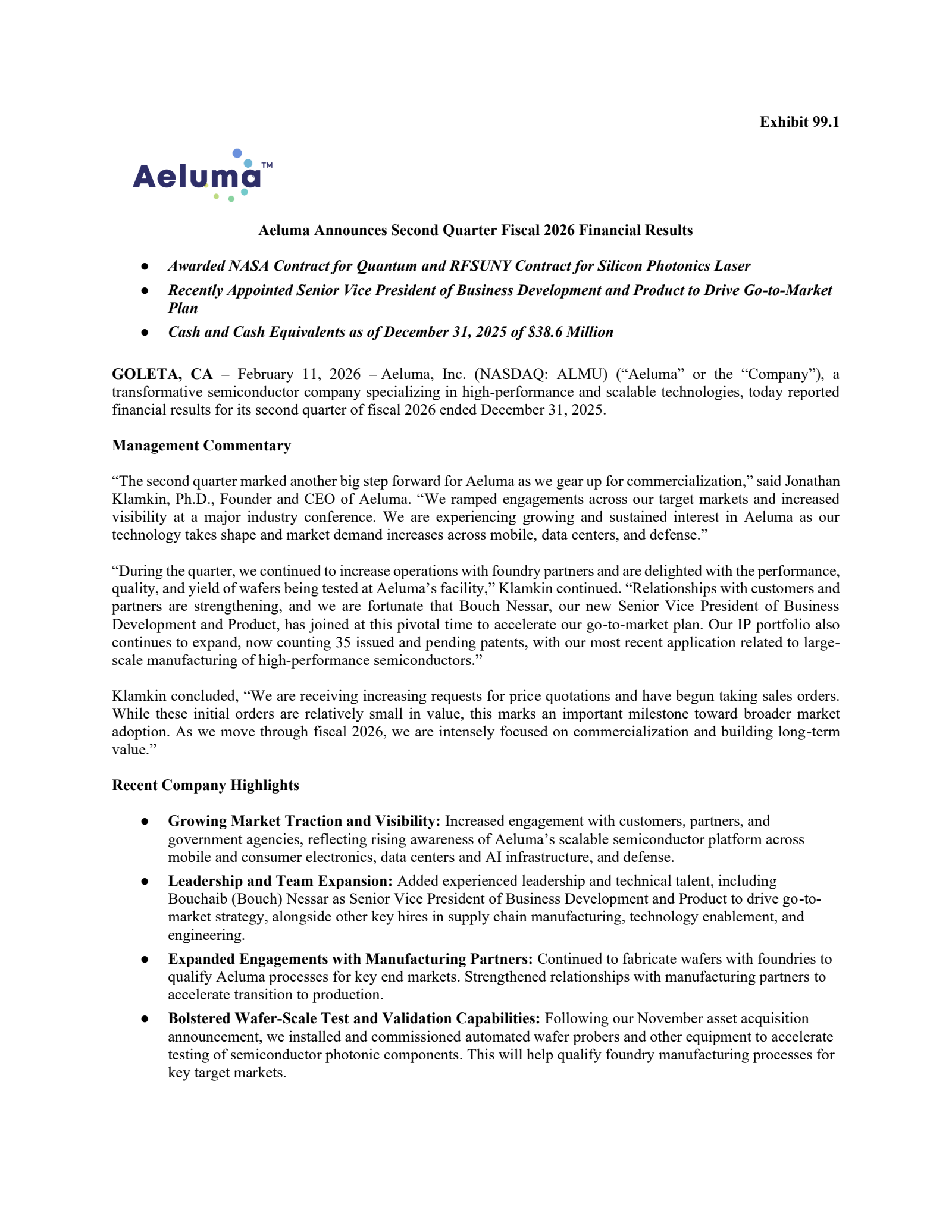Aeluma's Q2 2026 Press Release