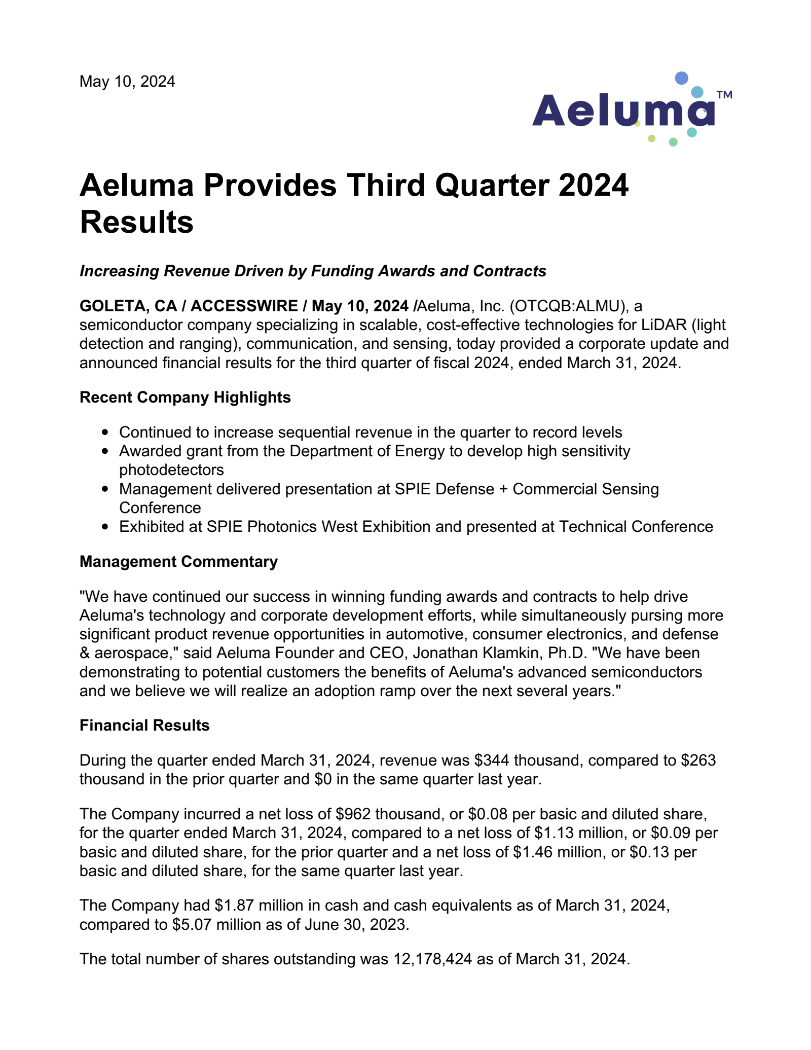 Aeluma's Q3 2024 Earnings Release