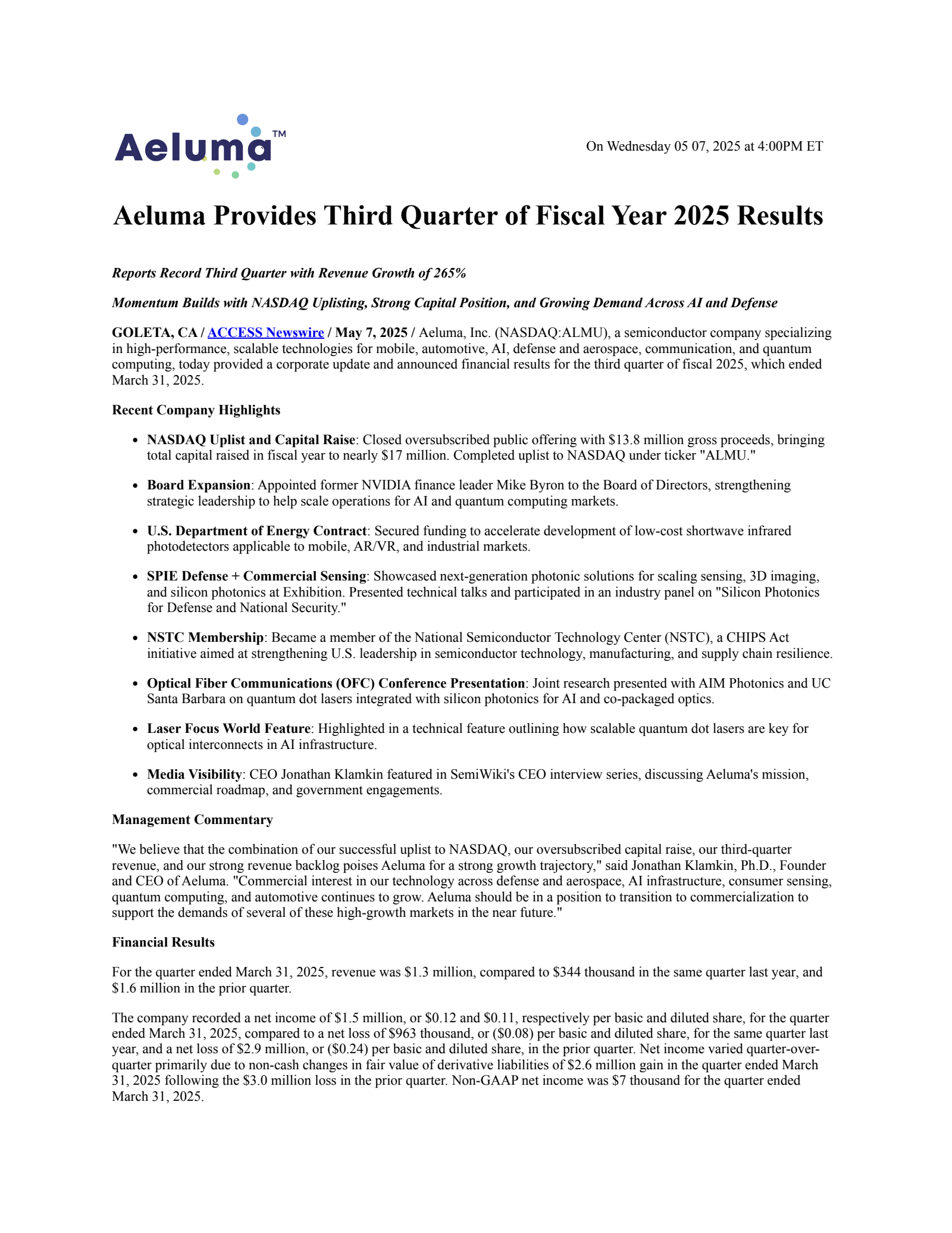Aeluma's Q3 2025 Earnings Release