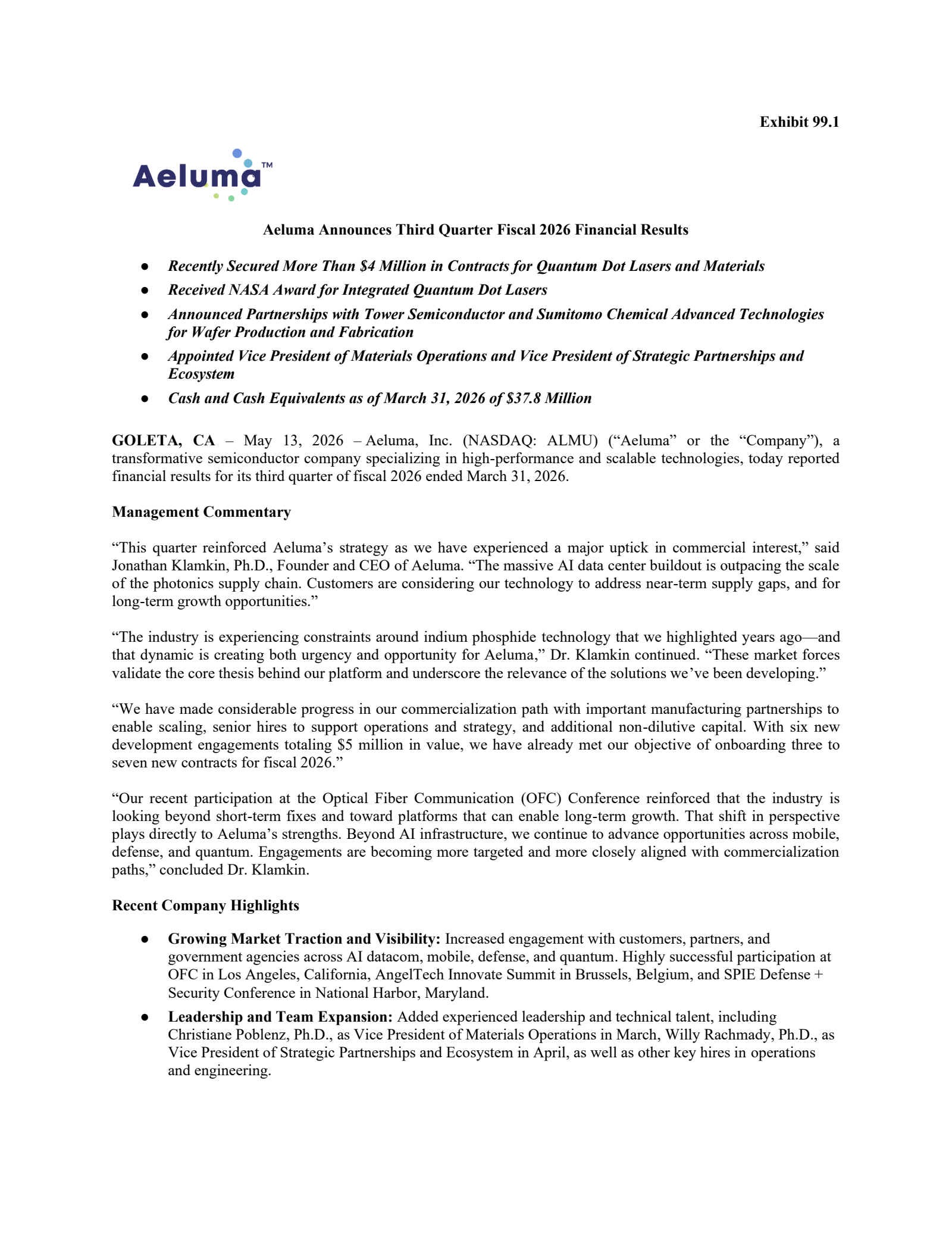 Aeluma's Q3 2026 Press Release