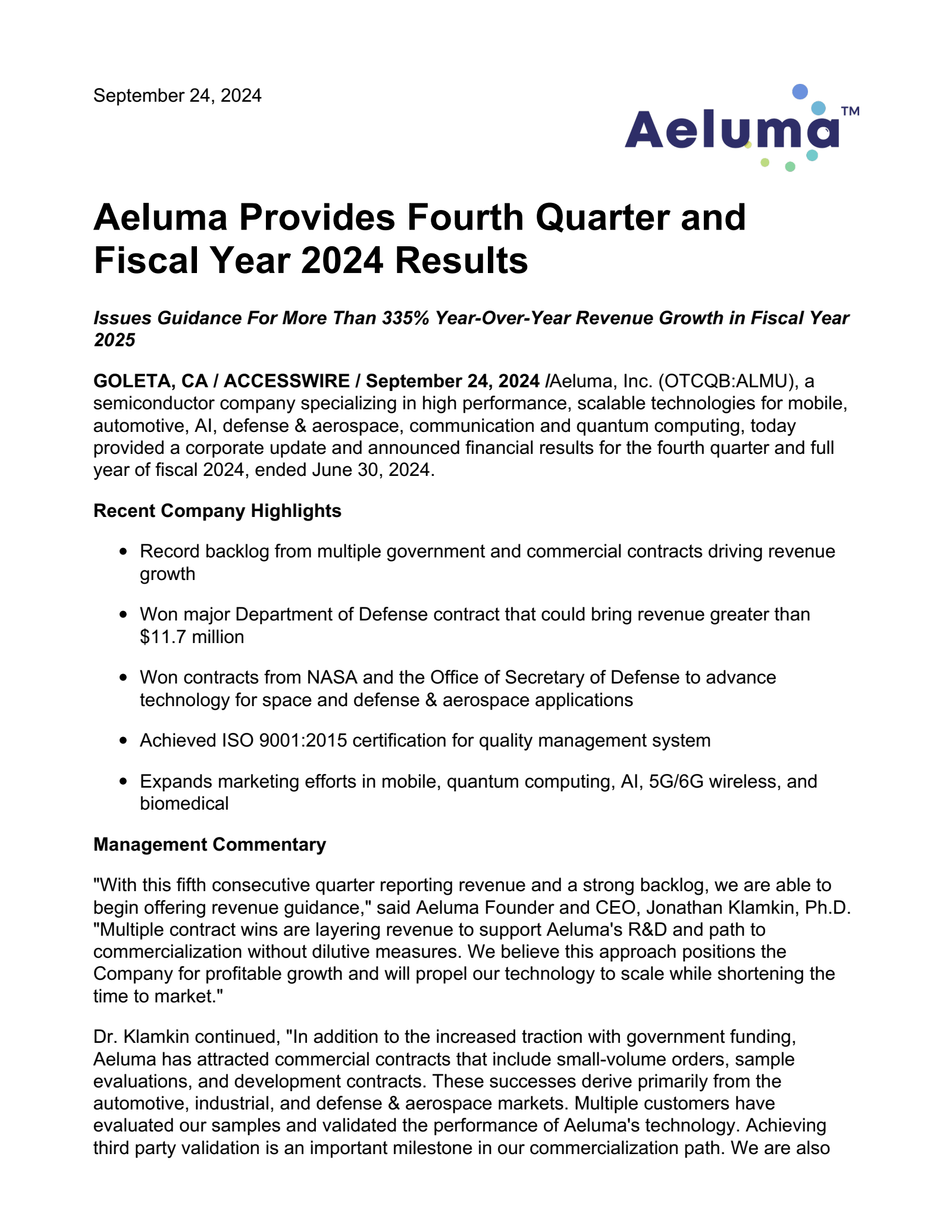 Aeluma's Q4 2024 Earnings Release