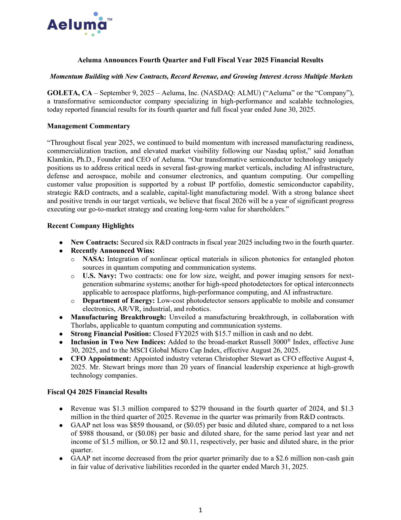 Aeluma's Q4 2025 Earnings Release