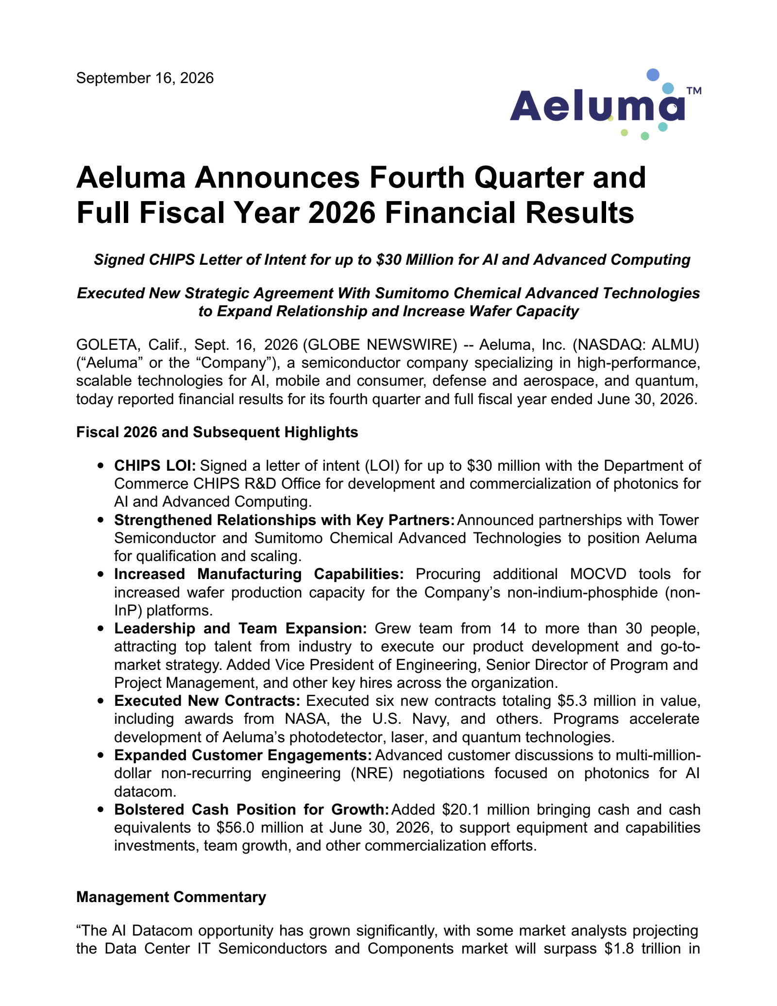 Aeluma's Q4 2026 Press Release