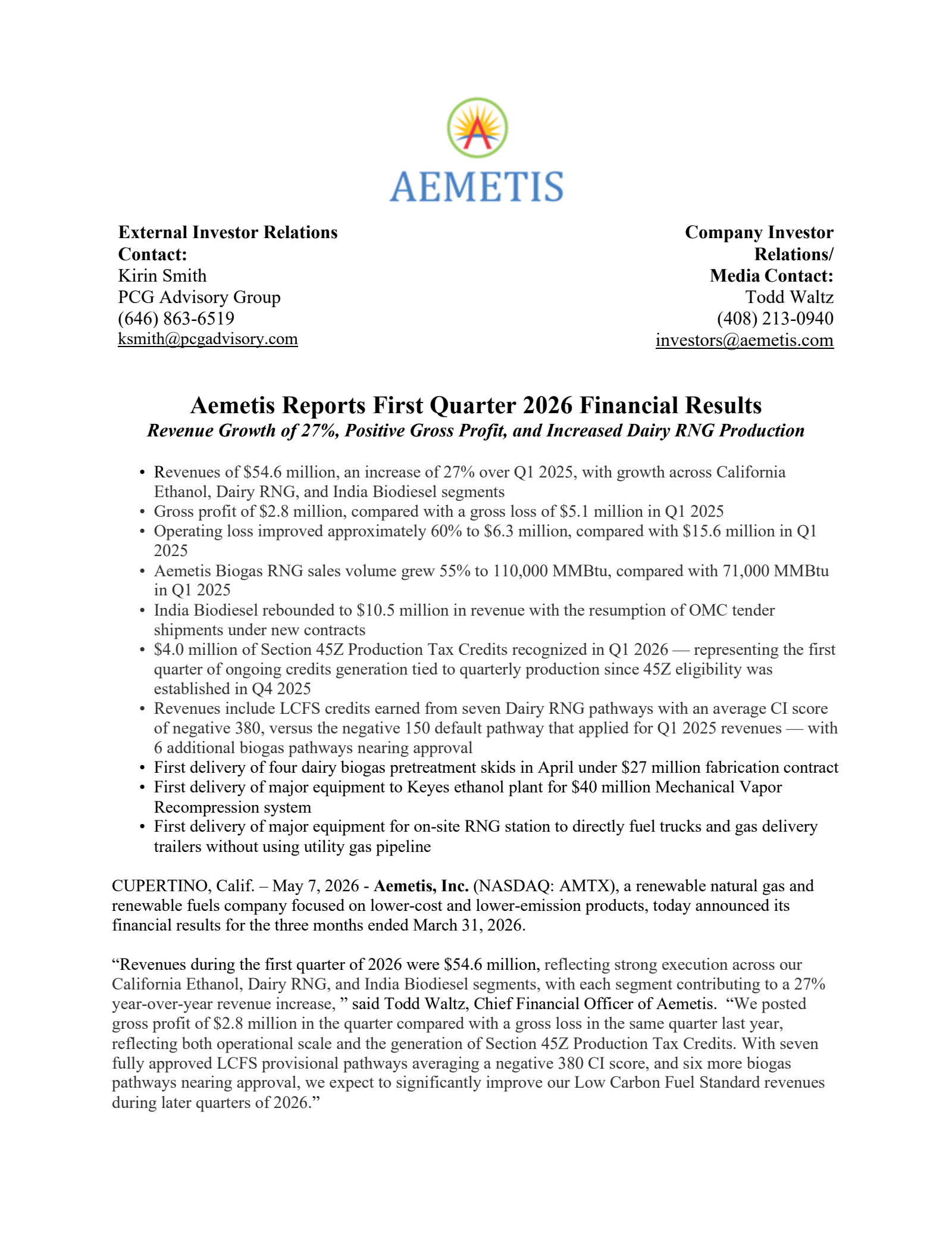 Aemetis' Q1 2026 Press Release