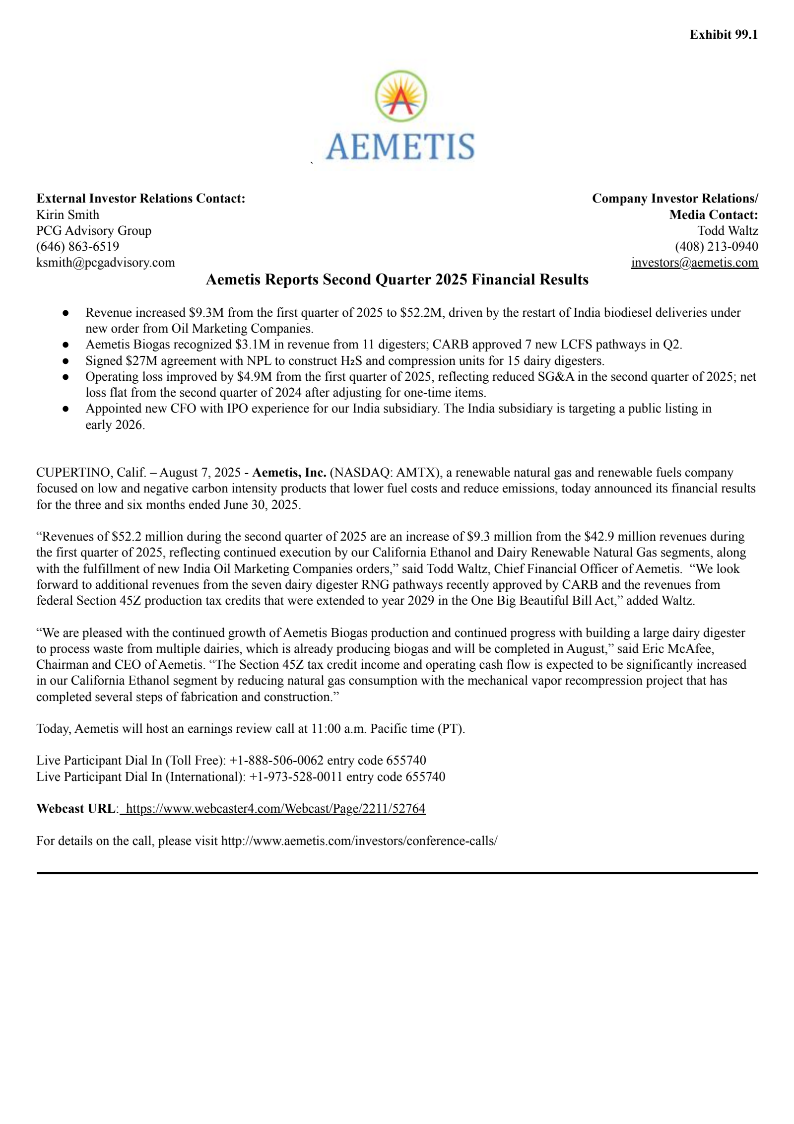 Aemetis' Q2 2025 Press Release