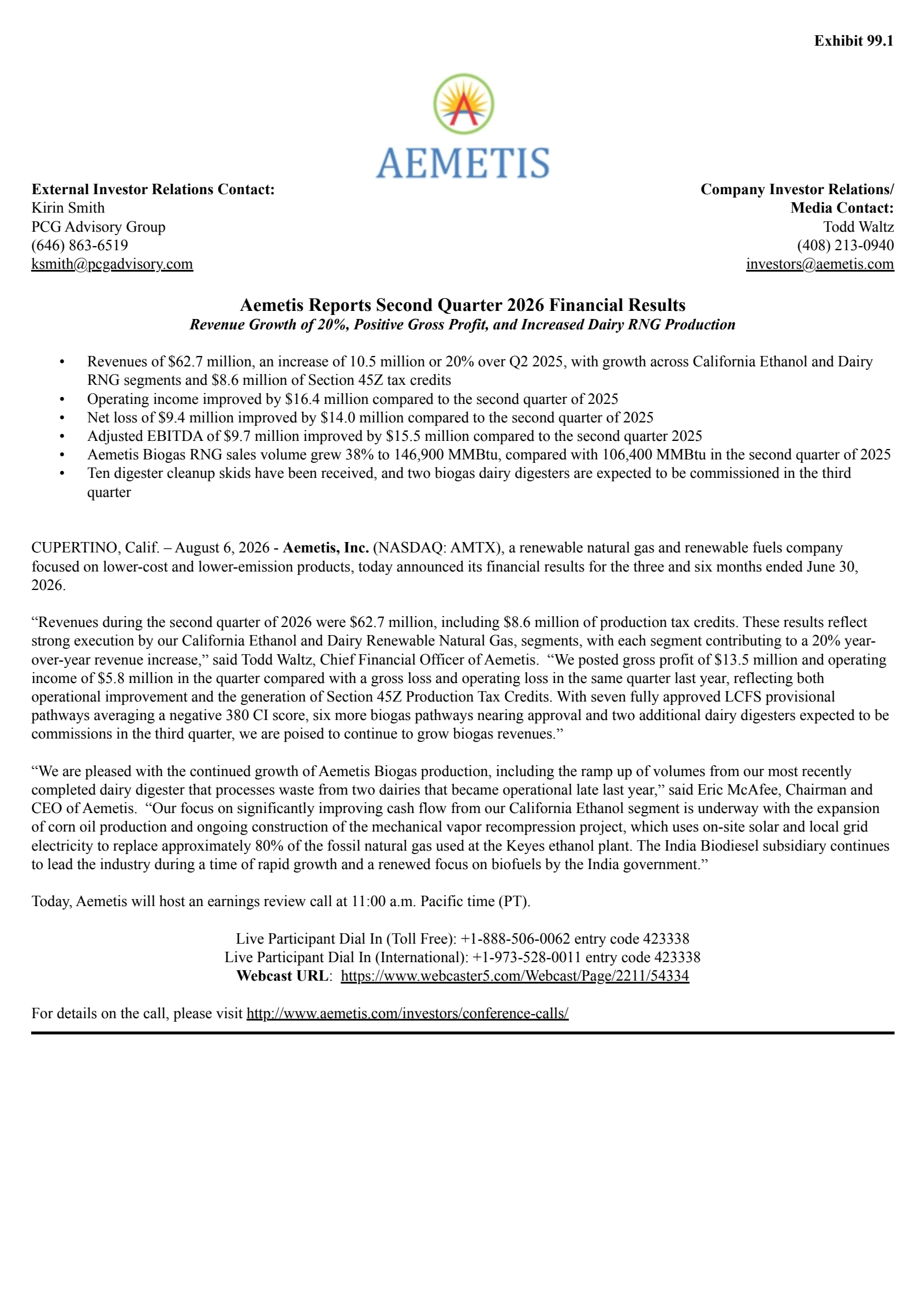 Aemetis' Q2 2026 Press Release