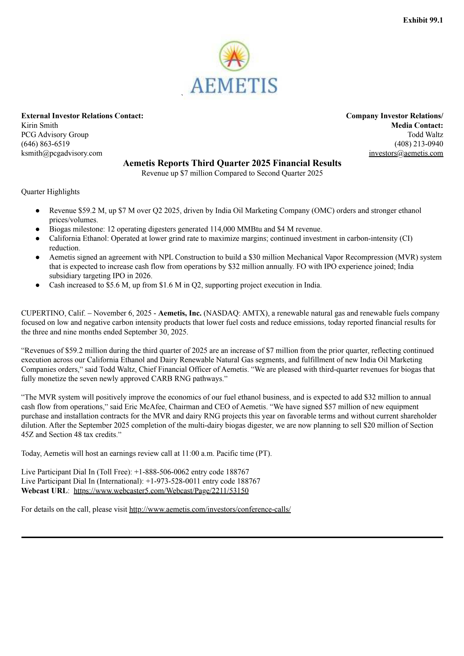 Aemetis' Q3 2025 Earnings Release