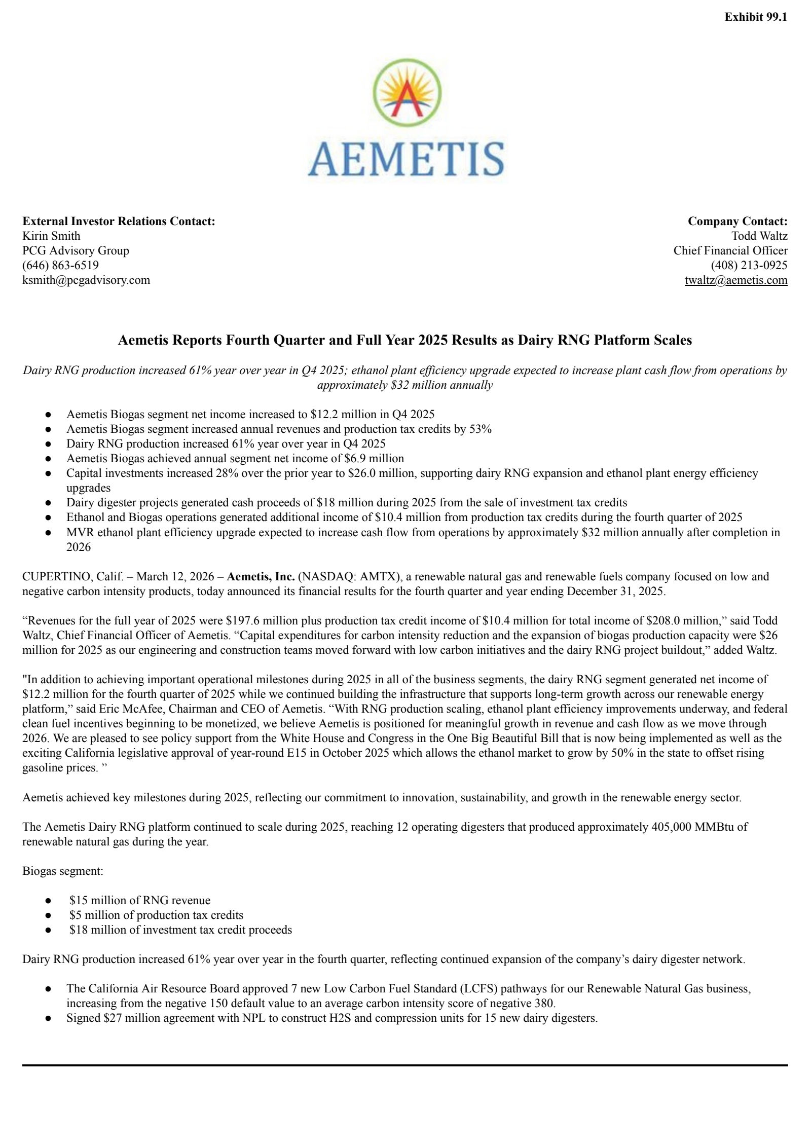 Aemetis' Q4 2025 Press Release