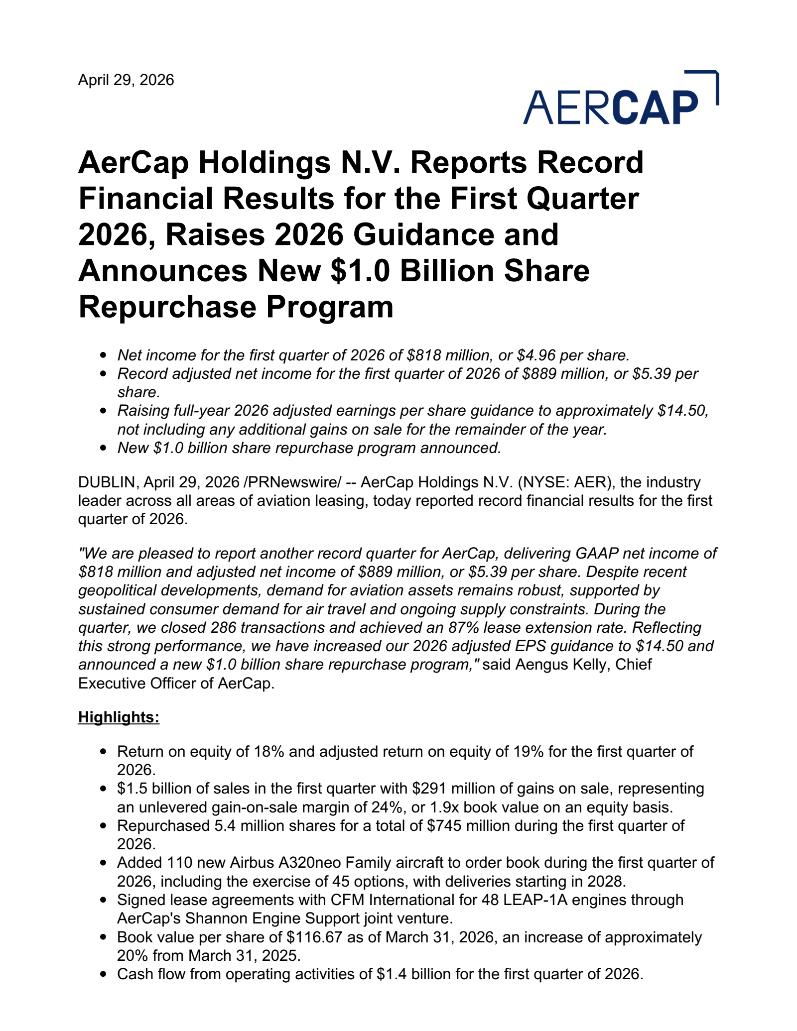 Aercap's Q1 2026 Press Release
