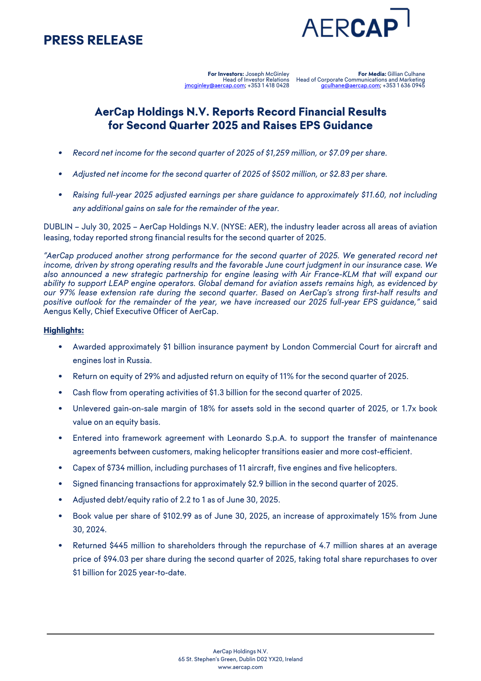 Aercap's Q2 2025 Press Release