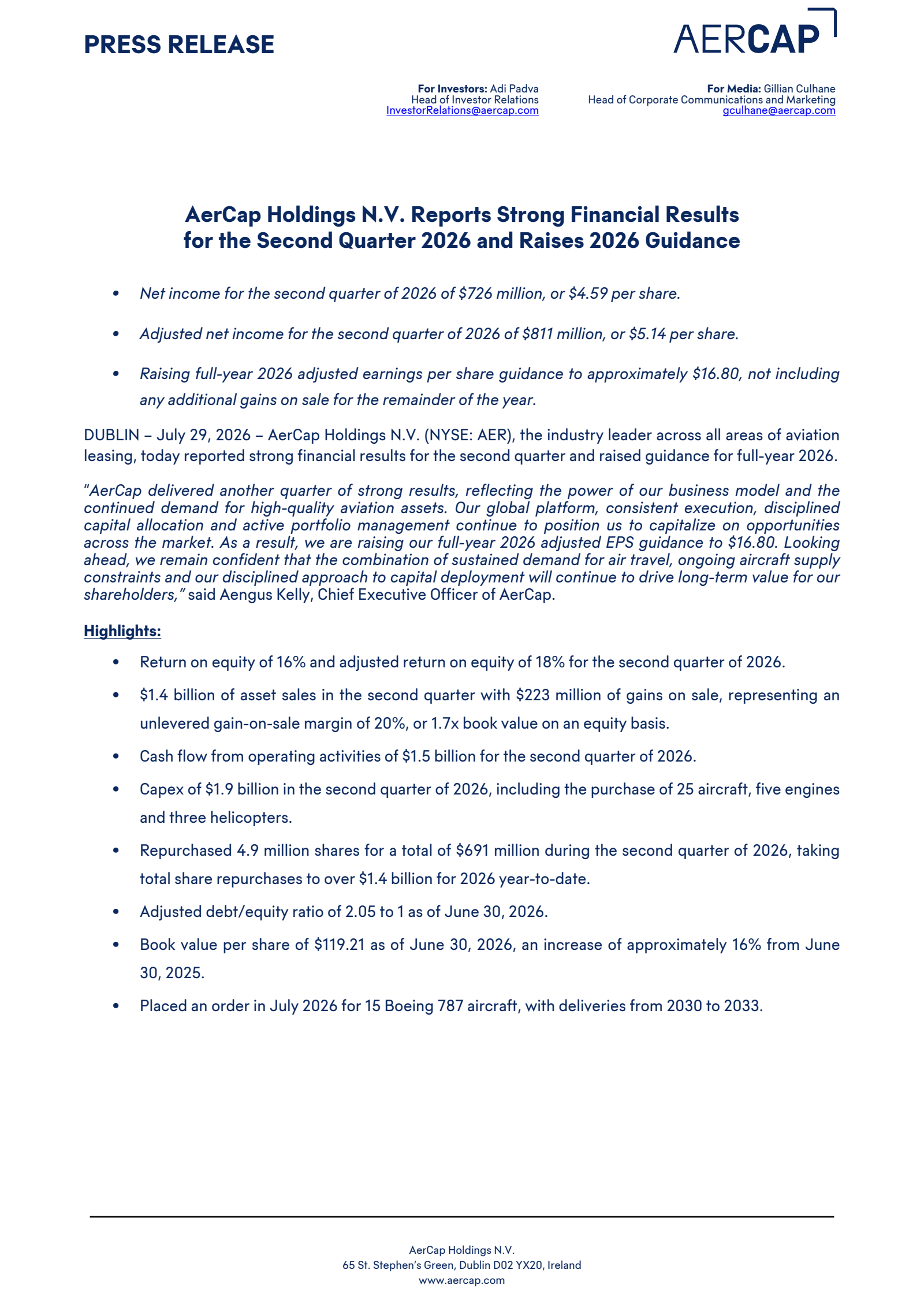 Aercap's Q2 2026 Press Release