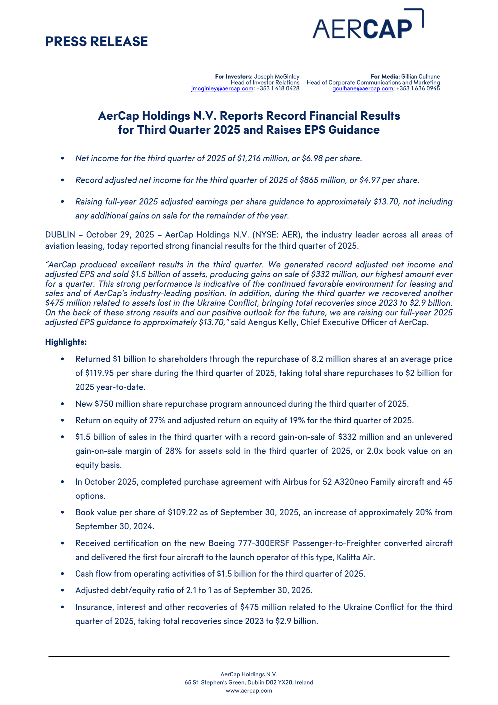 Aercap's Q3 2025 Earnings Release