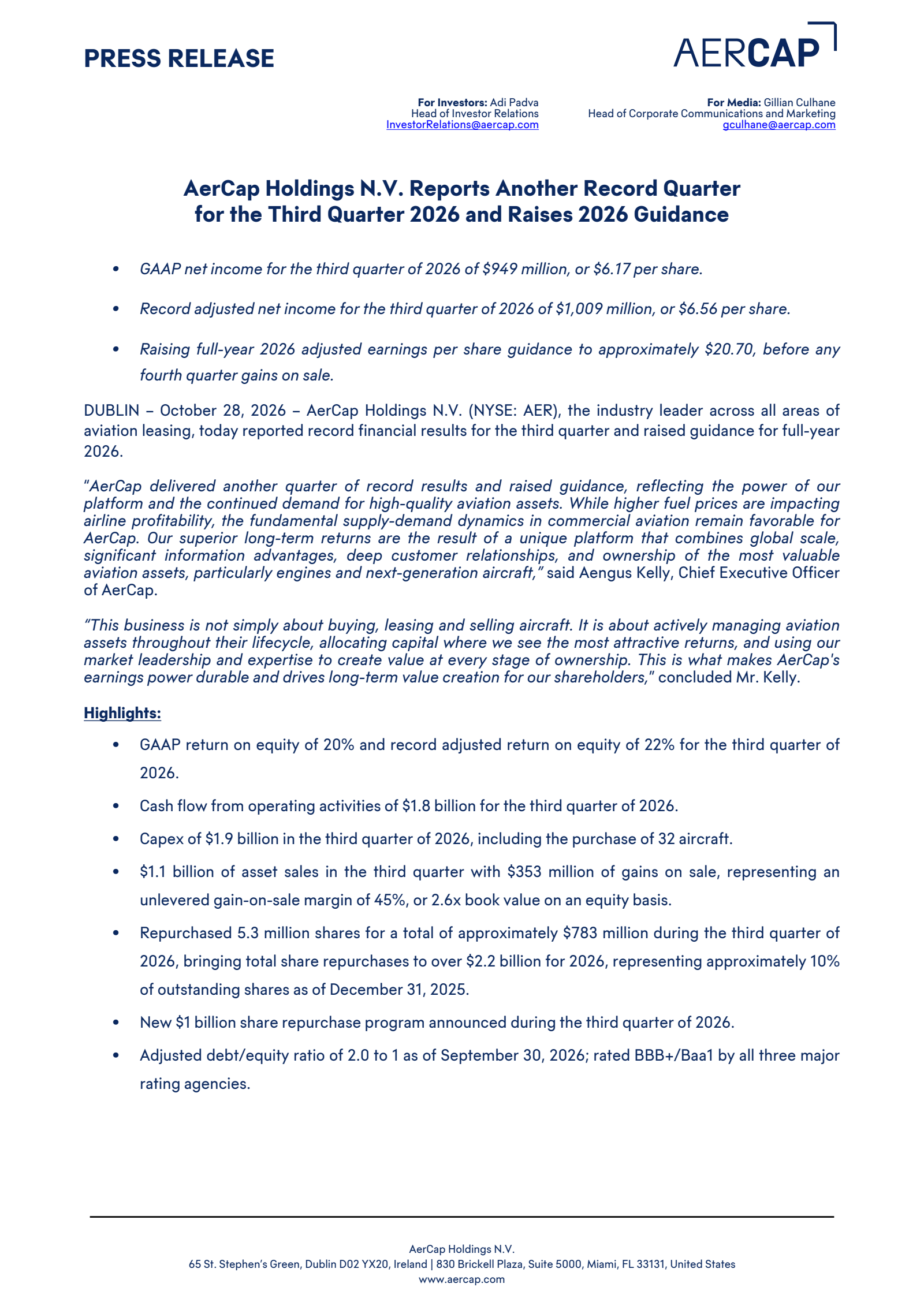 AerCap's Q3 2026 Press Release