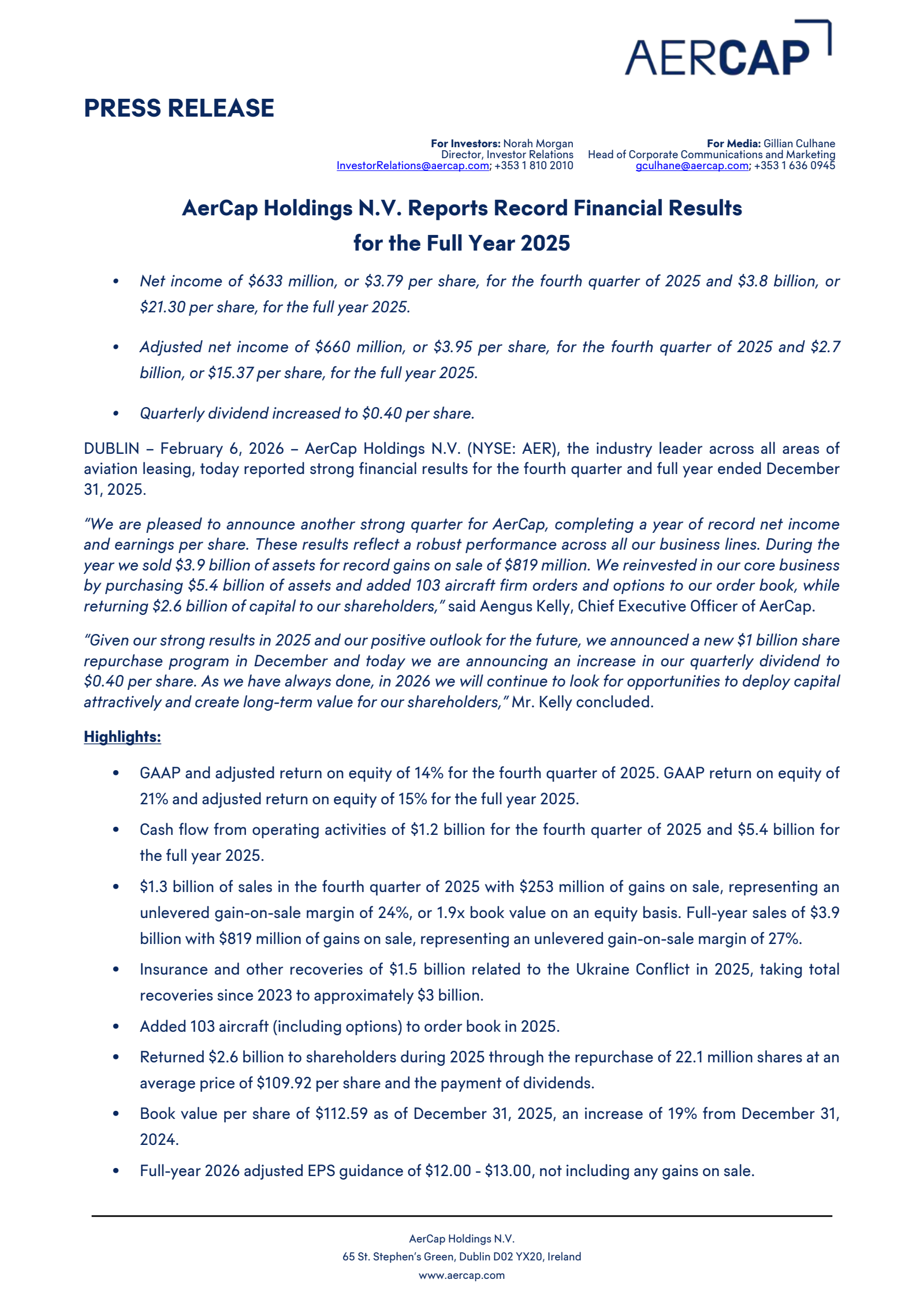 Aercap's Q4 2025 Press Release