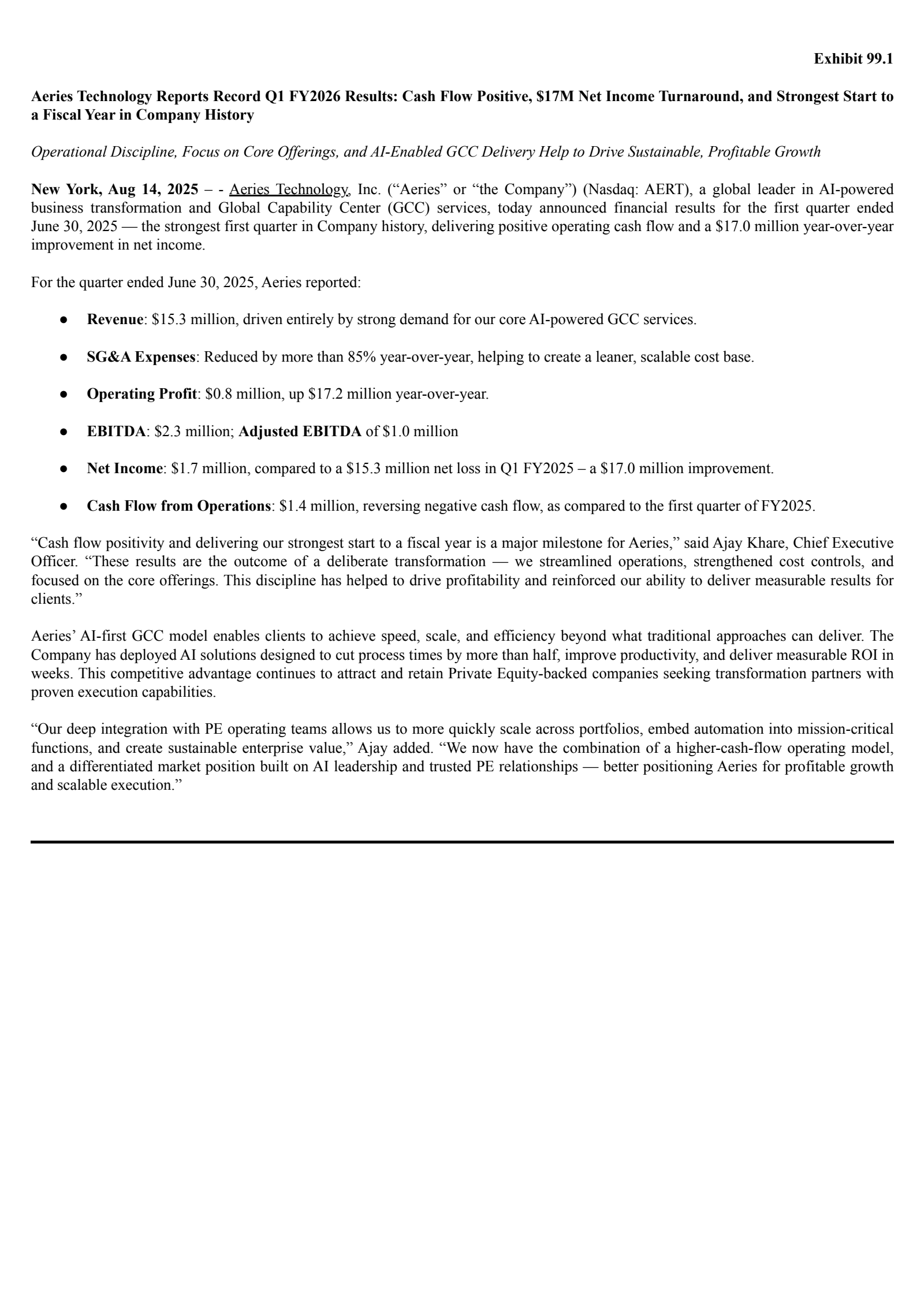 Aeries Technology's Q1 2026 Press Release