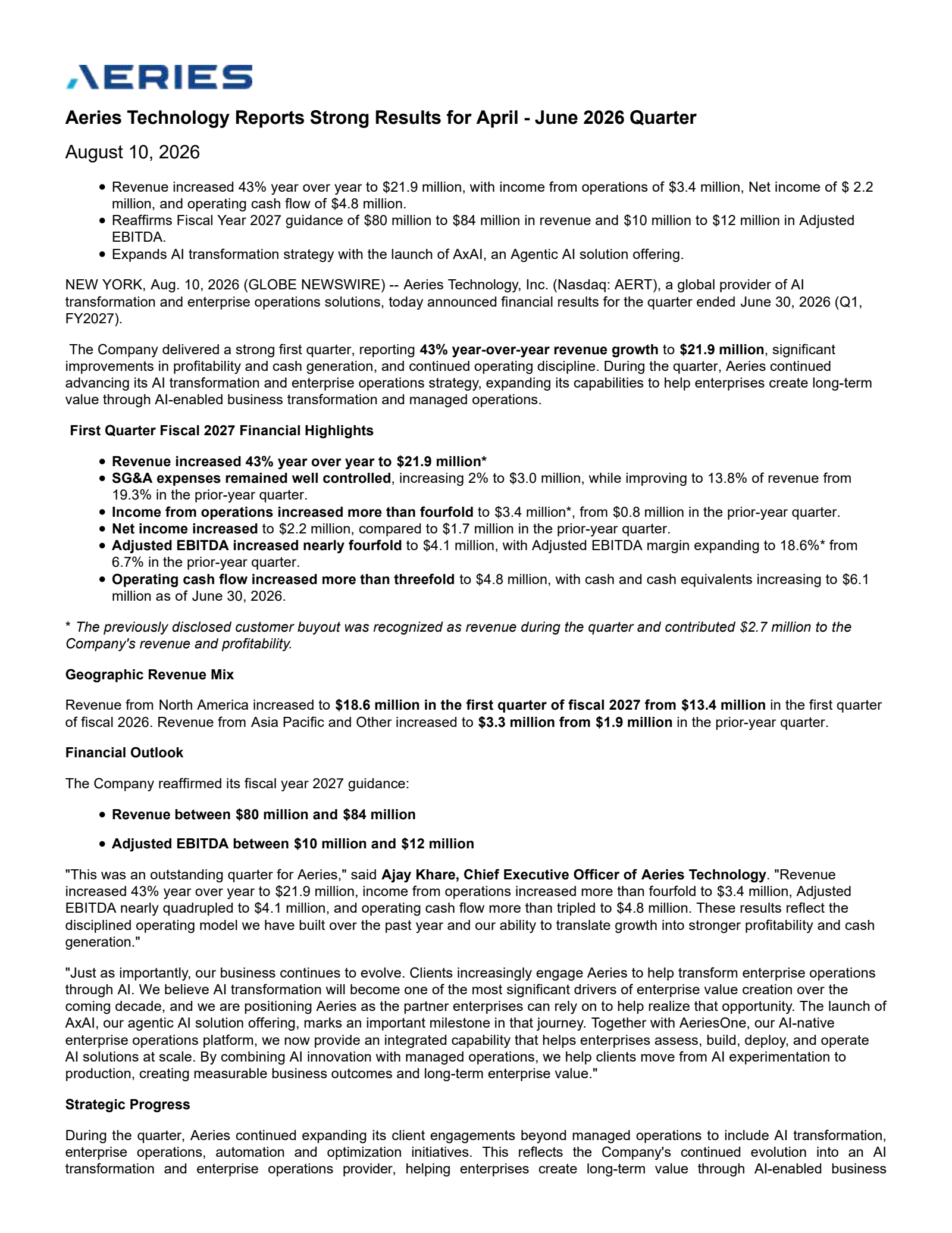 Aeries Technology's Q1 2027 Press Release