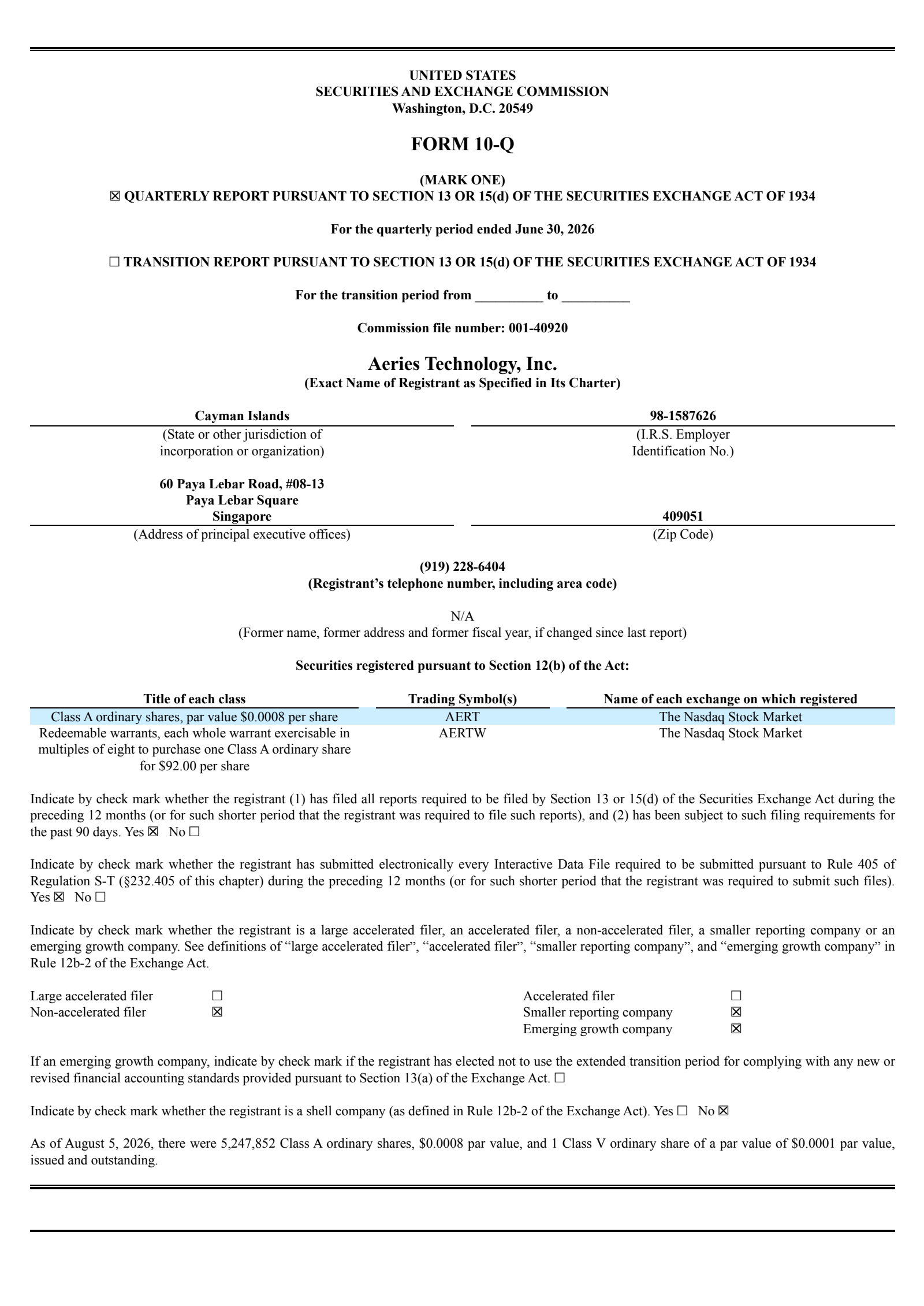 Aeries Technology's Q1 2027 Quarterly report