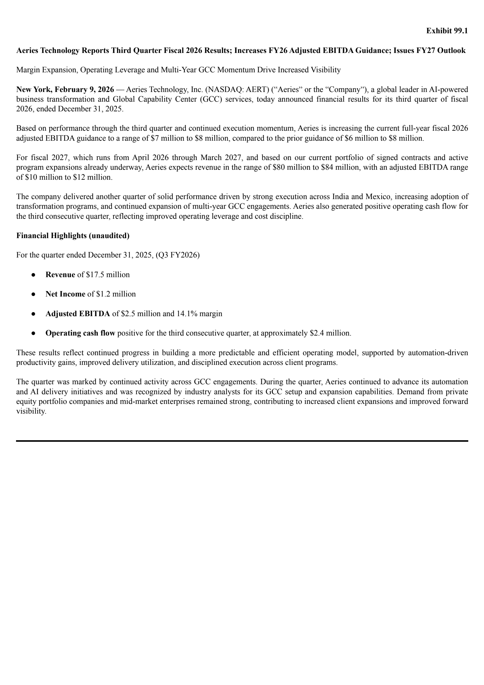 Aeries Technology's Q3 2026 Press Release