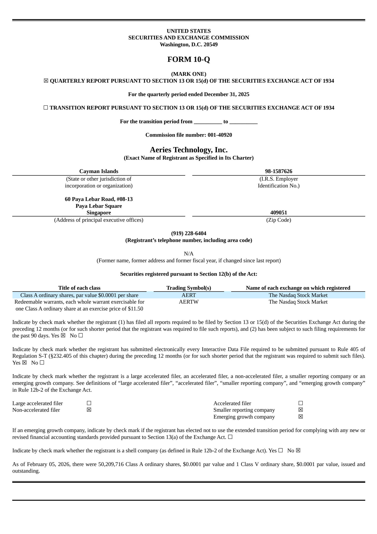 Aeries Technology's Q3 2026 Quarterly report