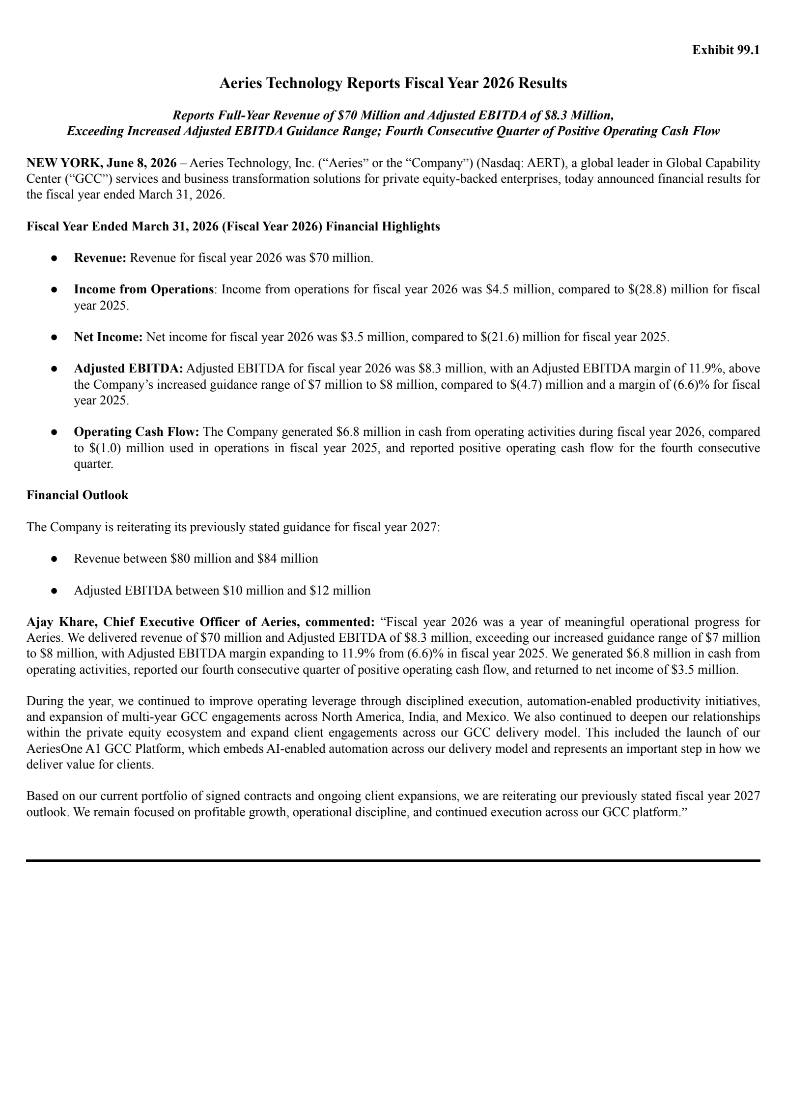 Aeries Technology's Q4 2026 Press Release
