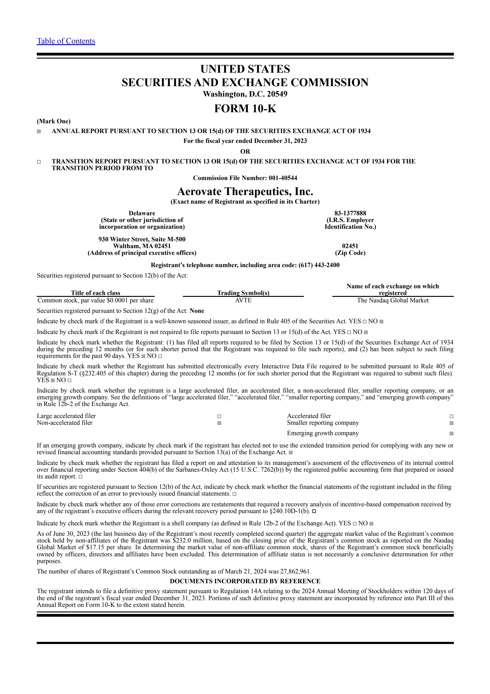 Aerovate Therapeutics' Q4 2023 Annual report