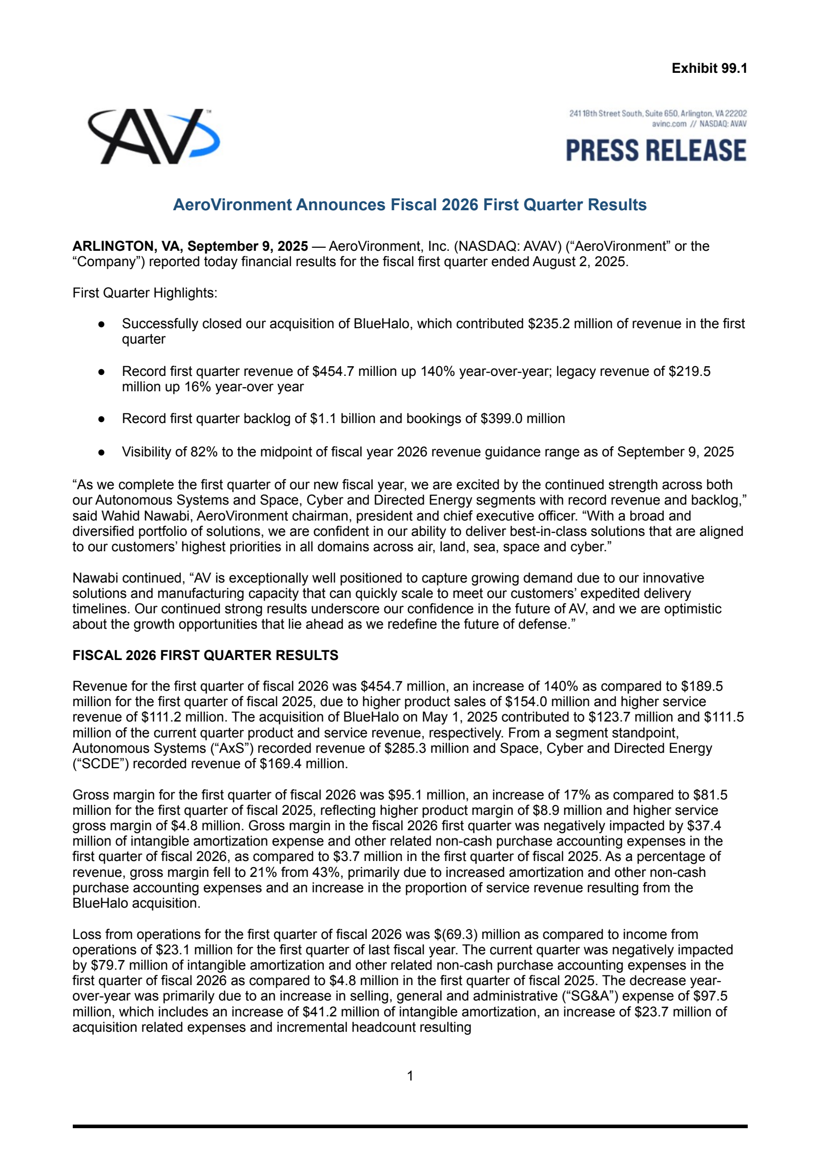 AeroVironment's Q1 2026 Earnings Release