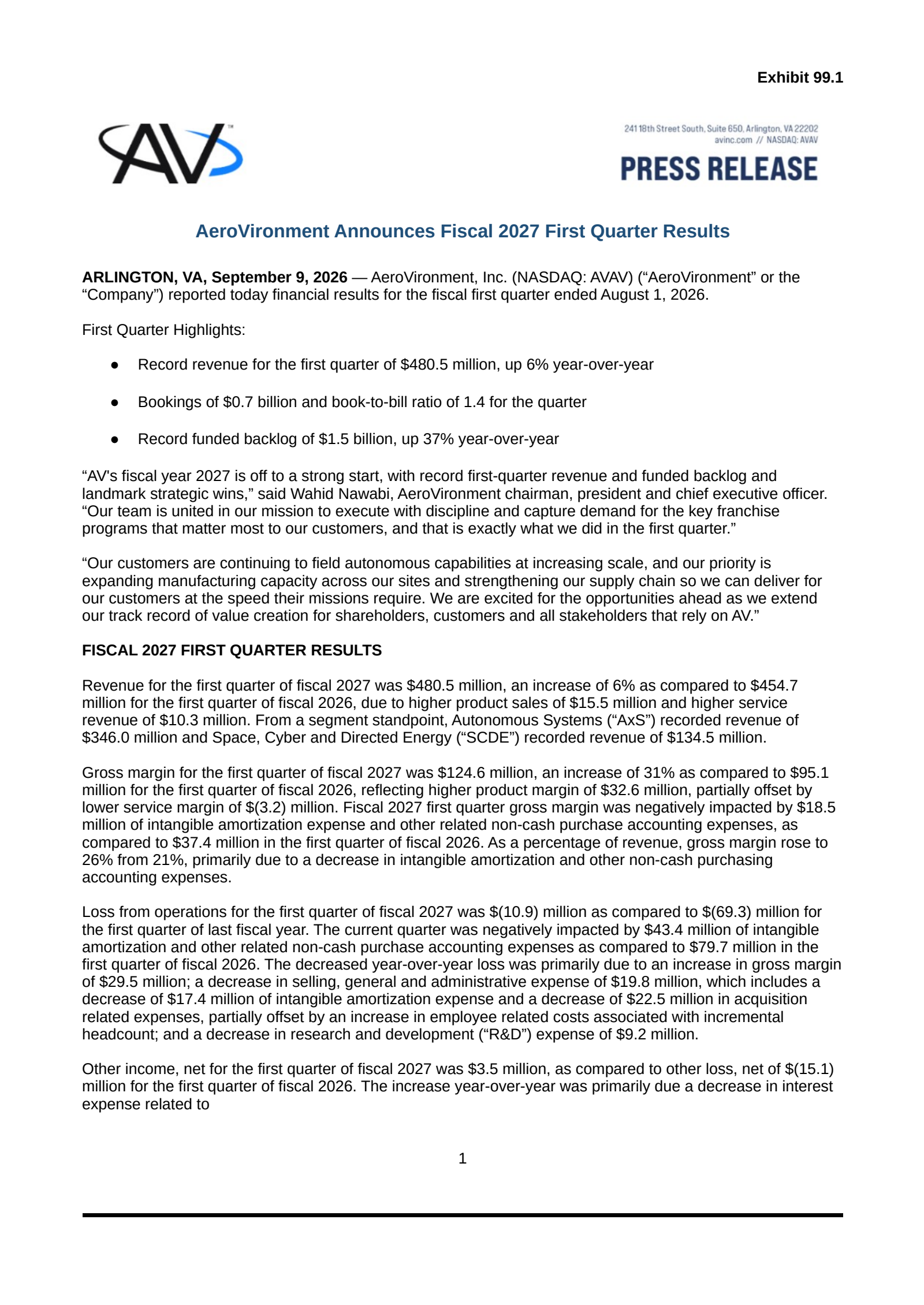 AeroVironment's Q1 2027 Press Release