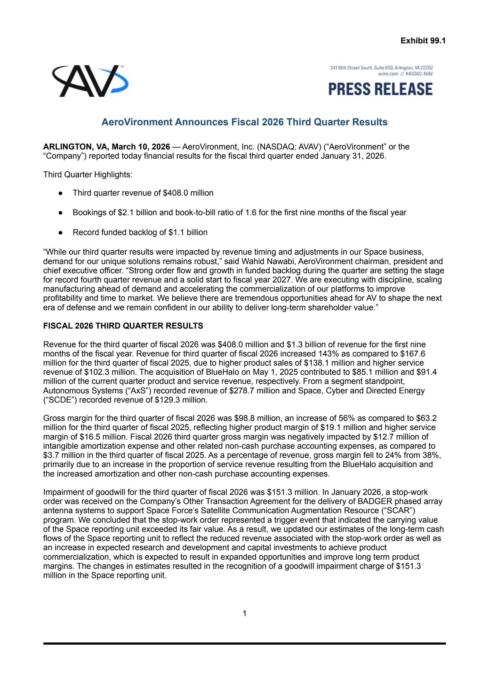 AeroVironment's Q3 2026 Press Release