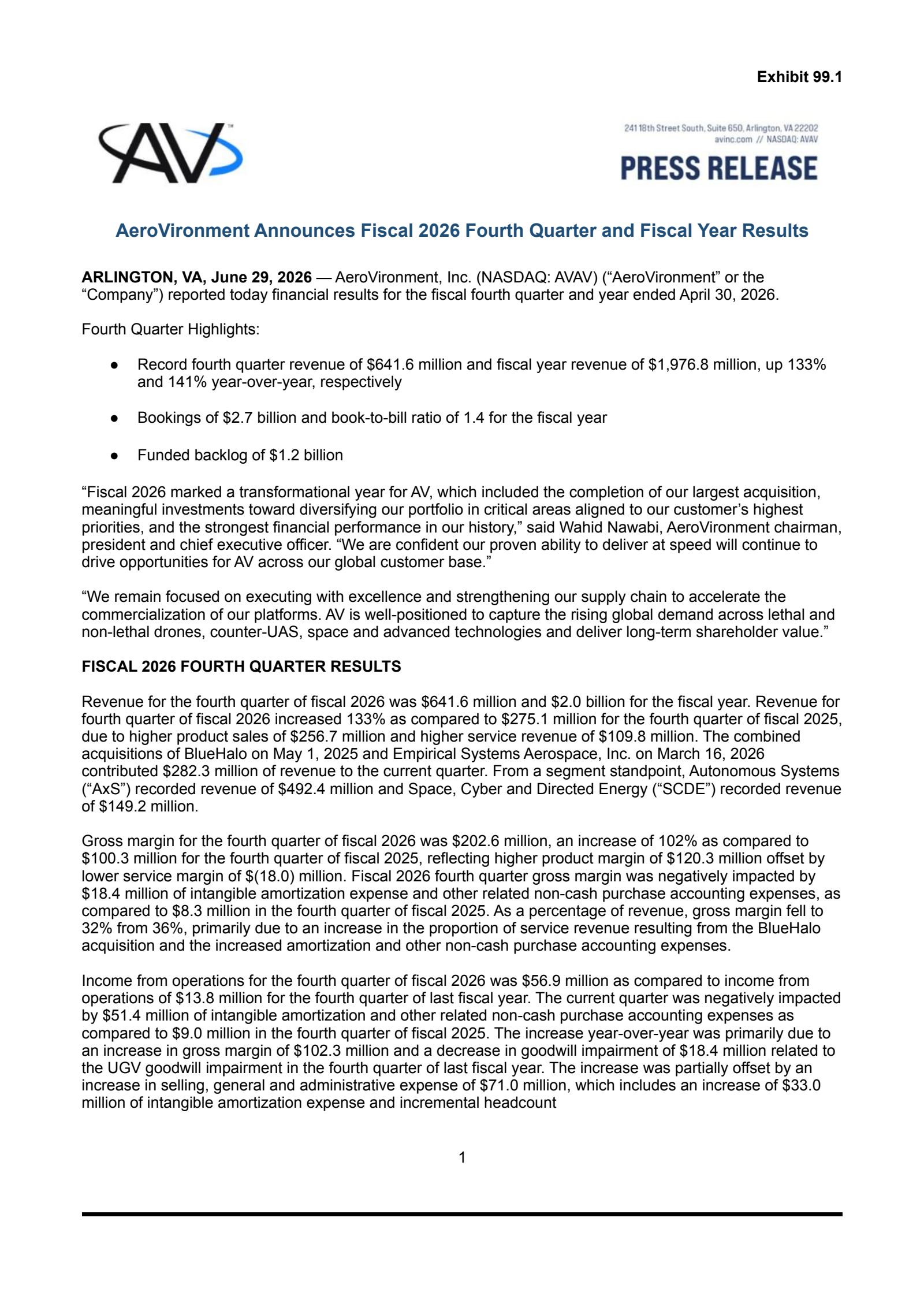 AeroVironment's Q4 2026 Press Release