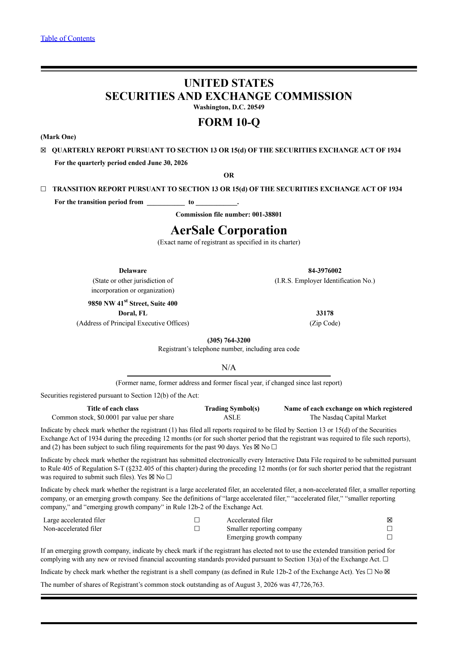 AerSale's Q2 2026 Quarterly report