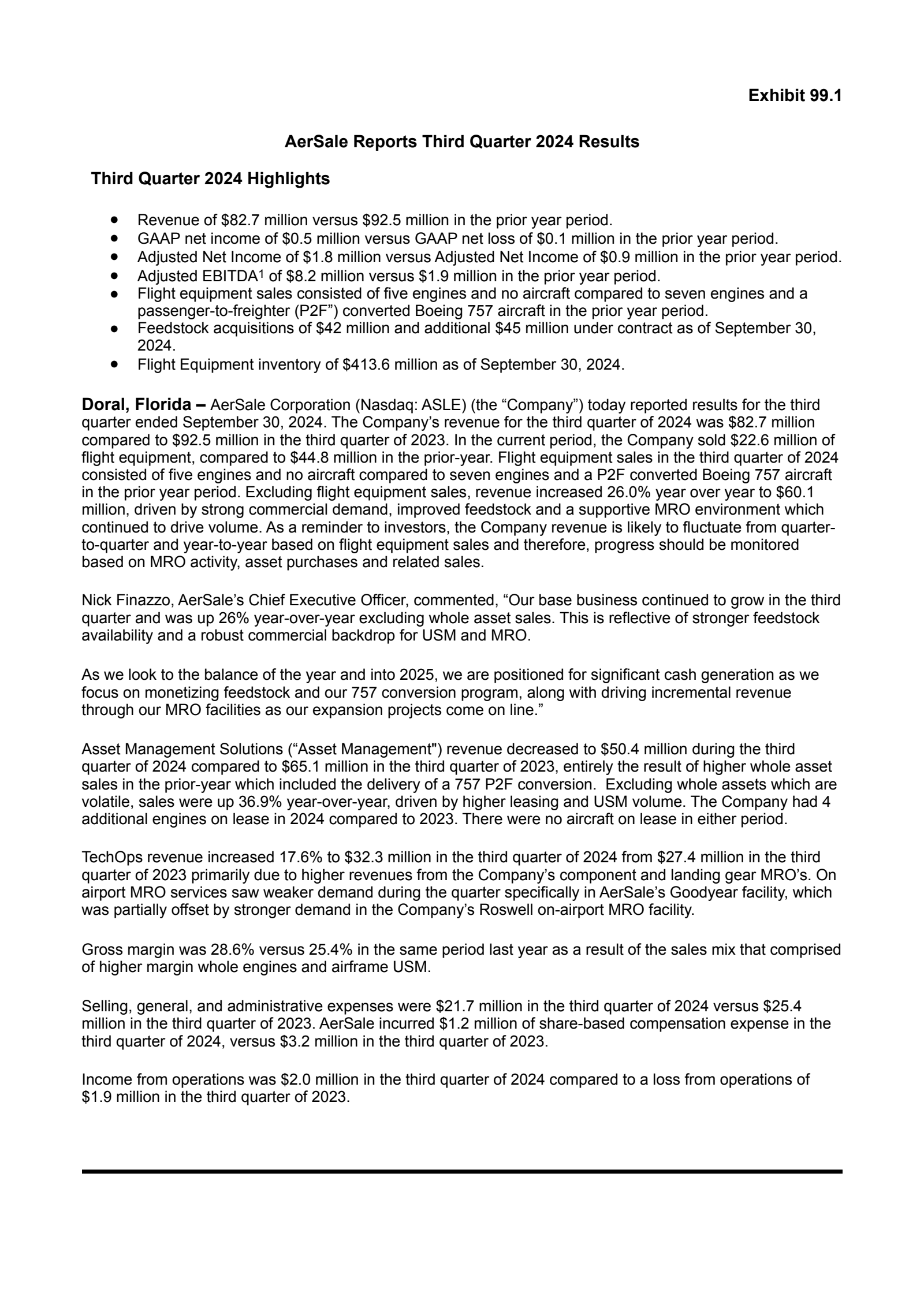 AerSale's Q3 2024 Press Release