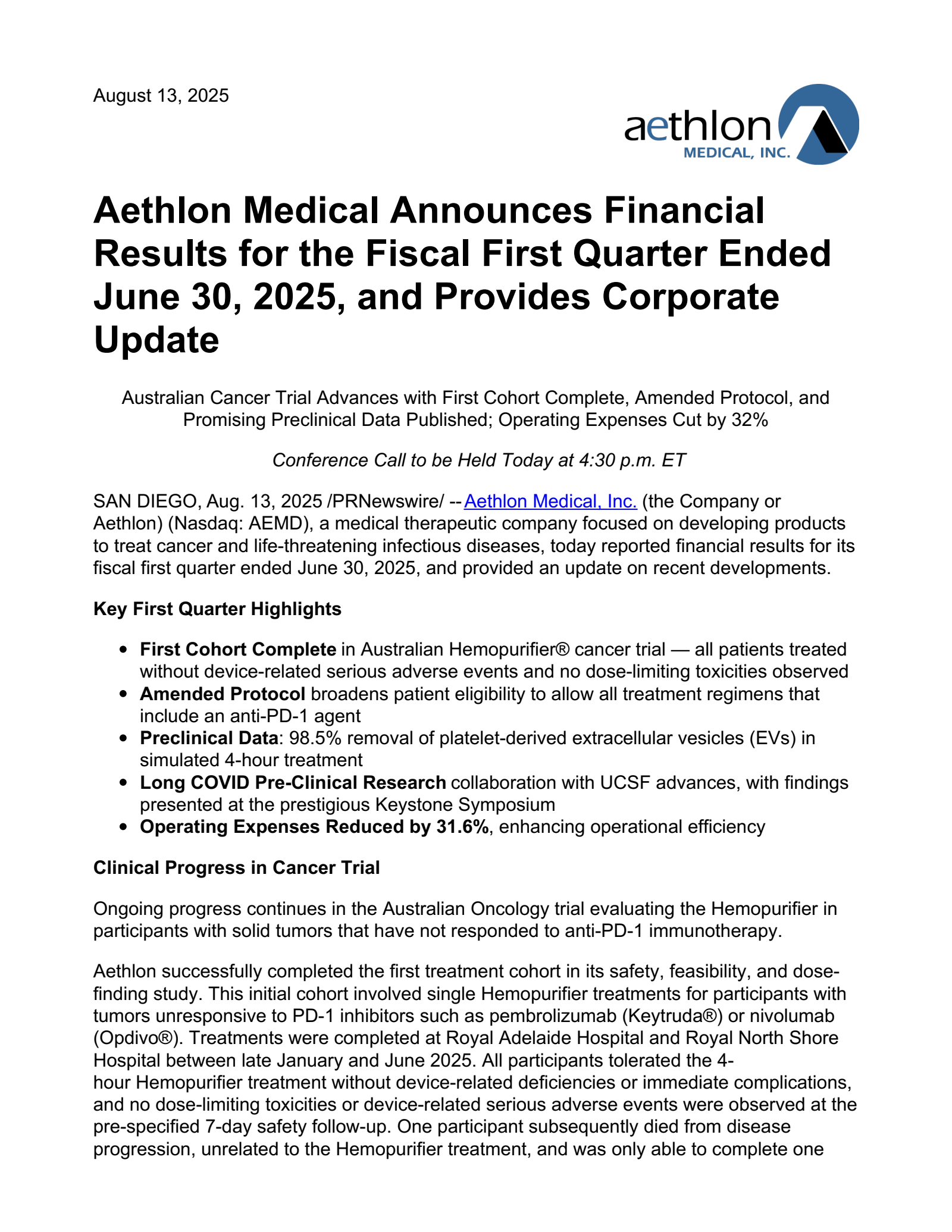 Aethlon Medical's Q1 2026 Press Release