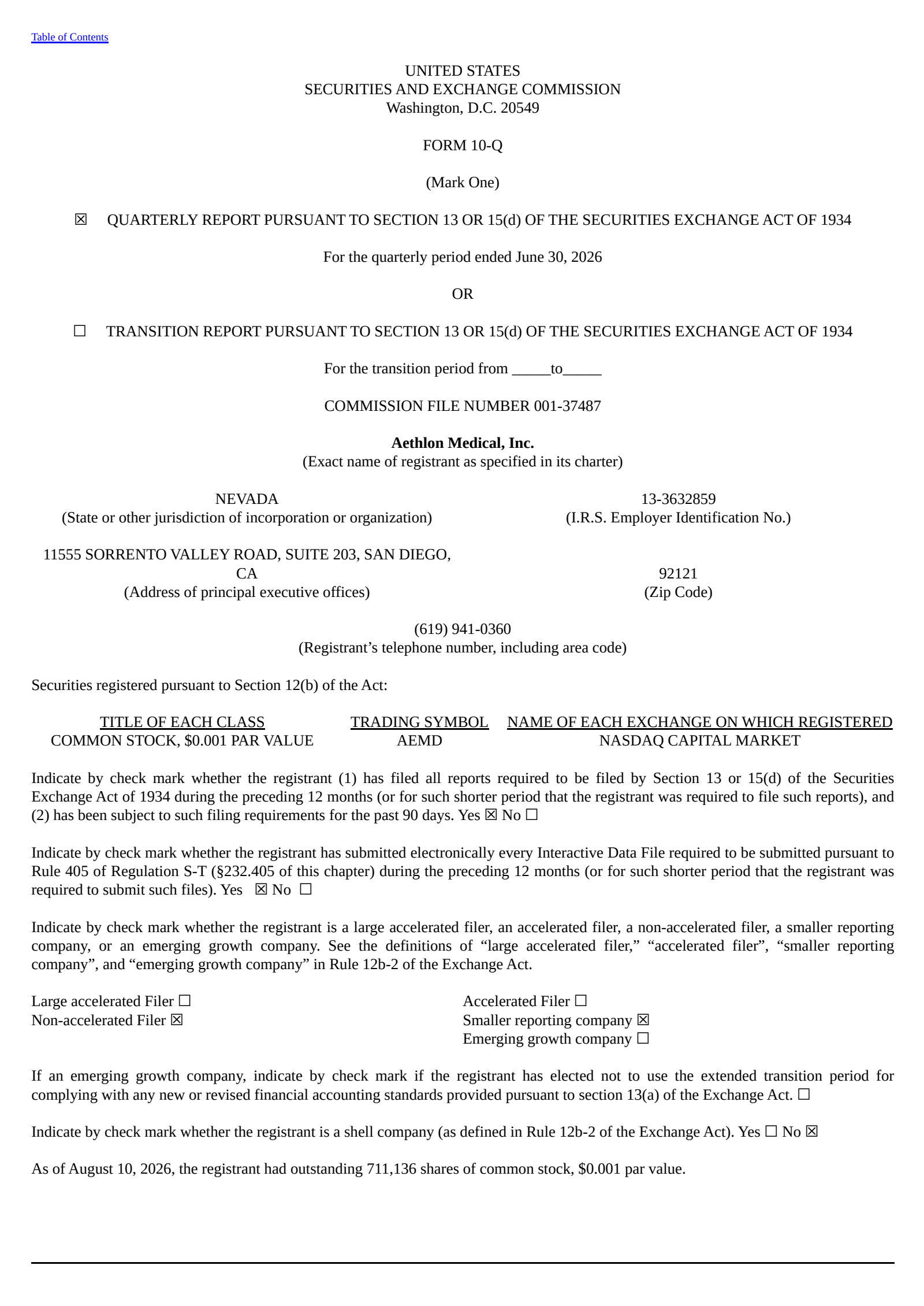 Aethlon Medical's Q1 2027 Quarterly report