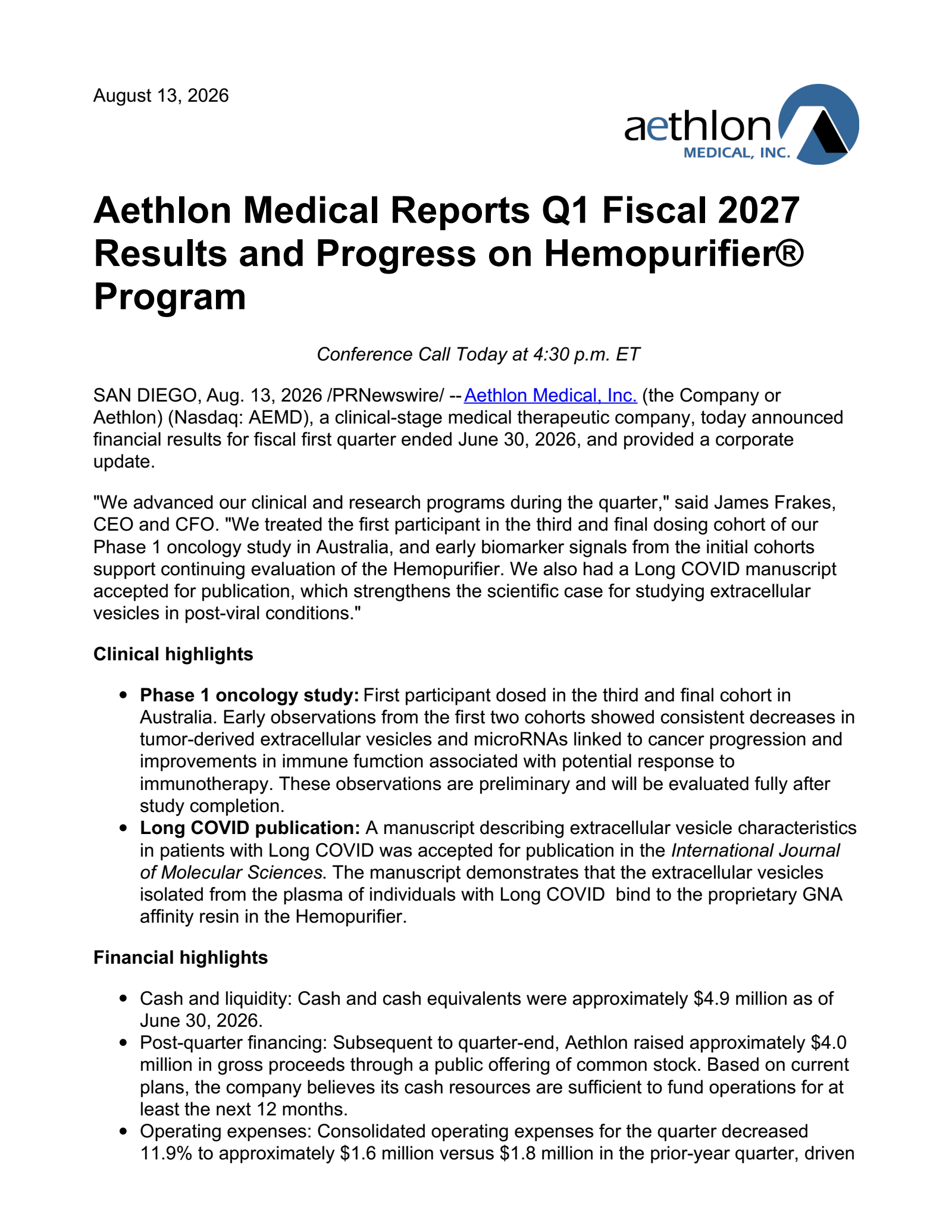 Aethlon Medical's Q1 2027 Press Release
