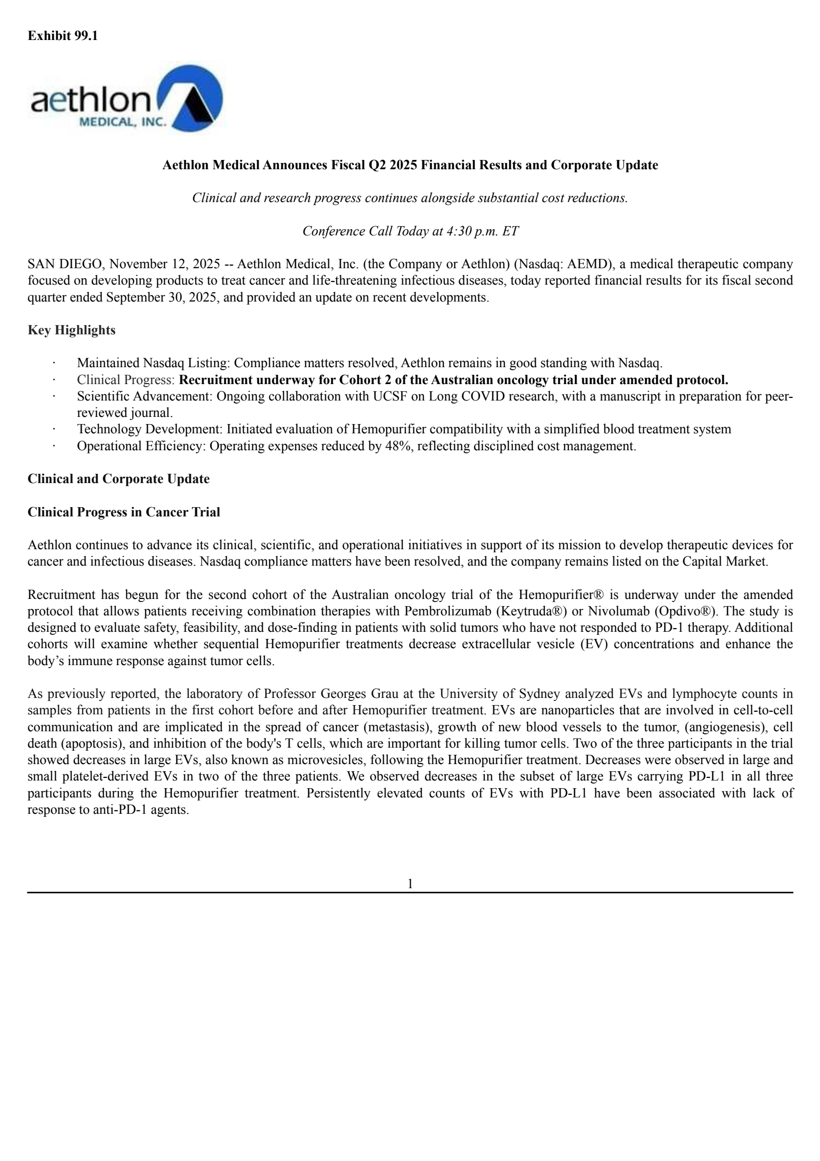 Aethlon Medical's Q2 2026 Earnings Release