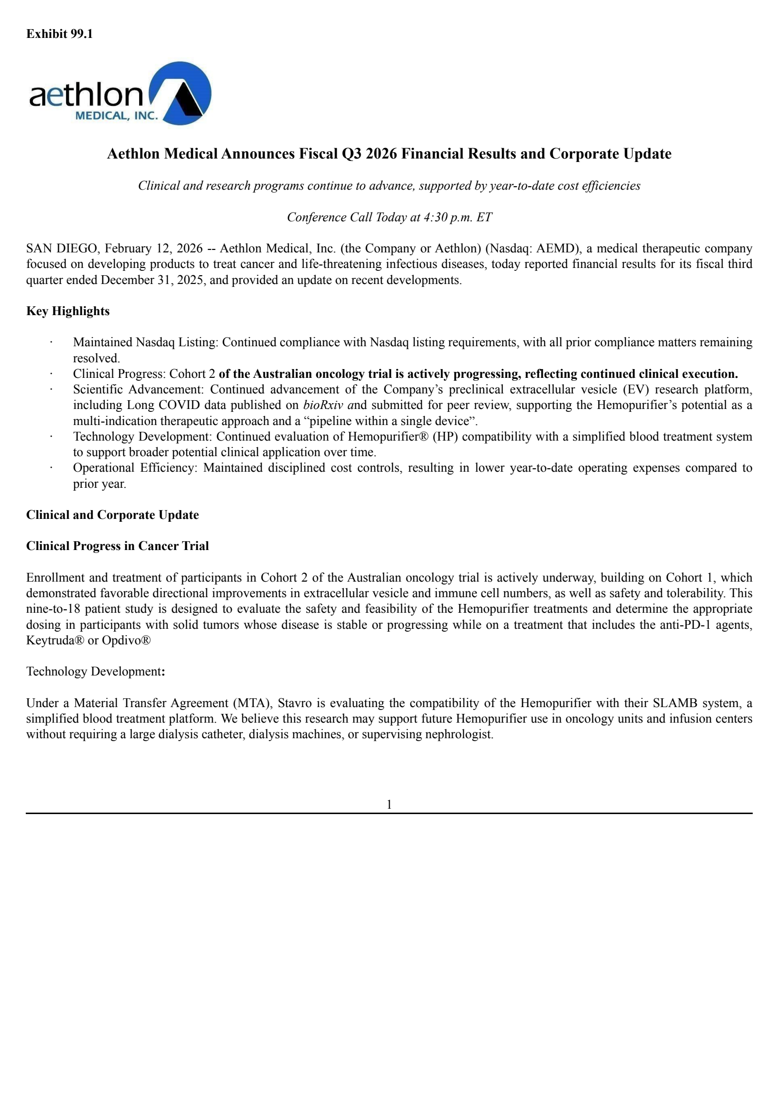Aethlon Medical's Q3 2026 Press Release