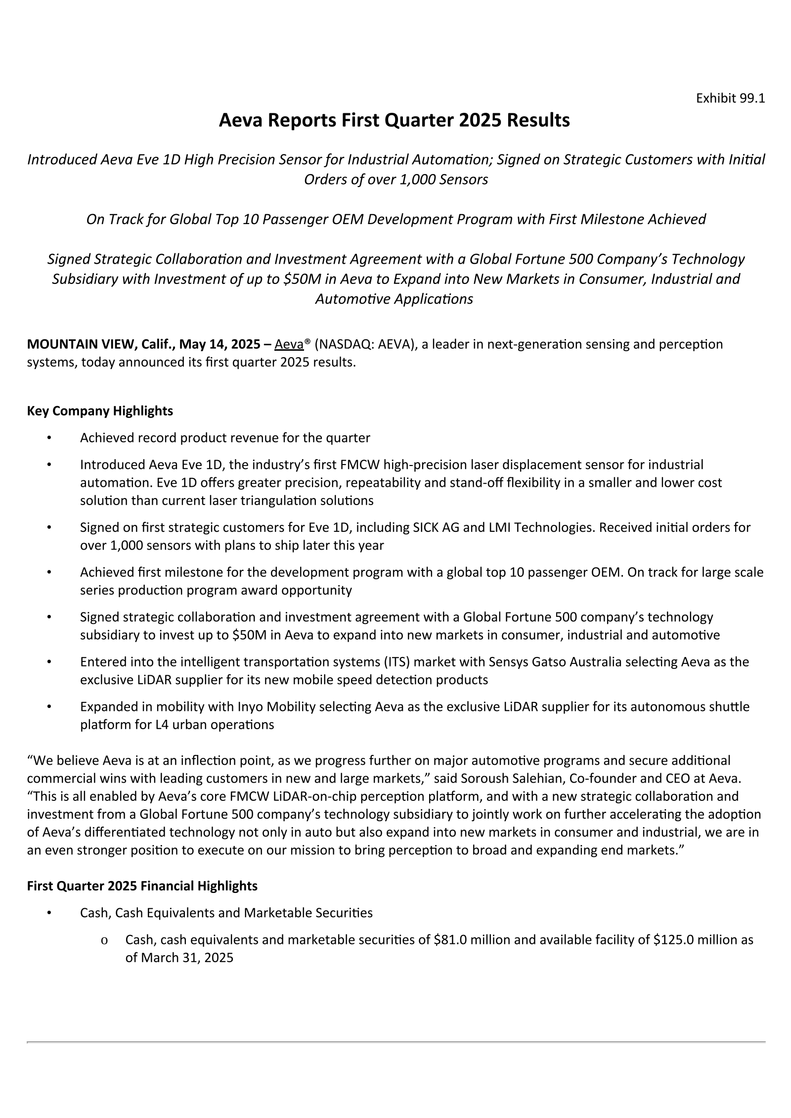 Aeva Technologies' Q1 2025 Press Release