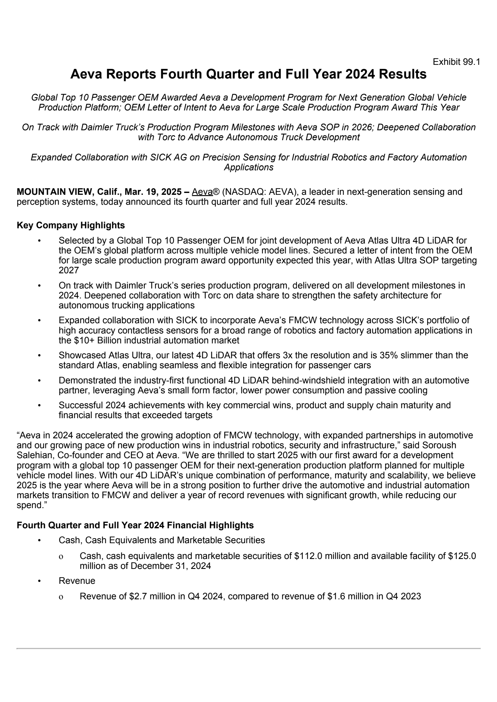 Aeva Technologies' Q4 2024 Press Release