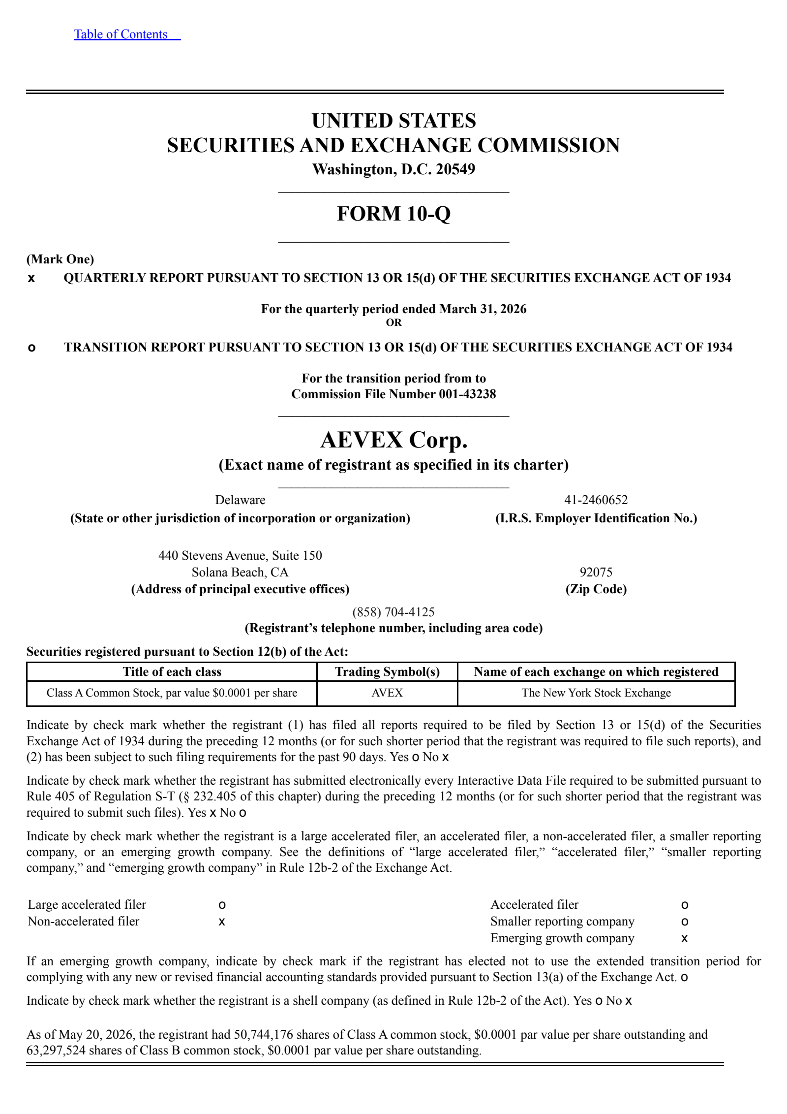 AEVEX's Q1 2026 Quarterly report