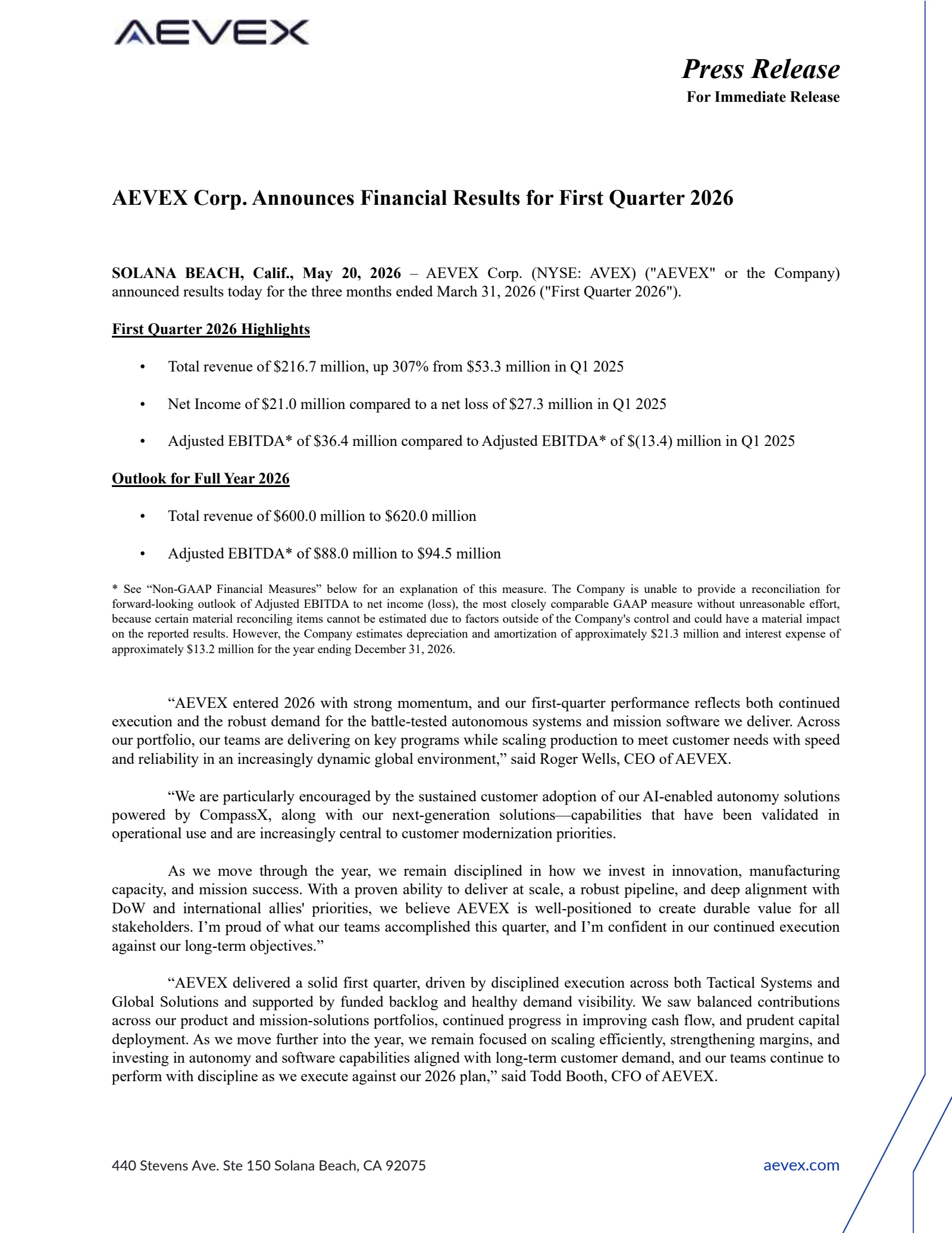 AEVEX's Q1 2026 Press Release