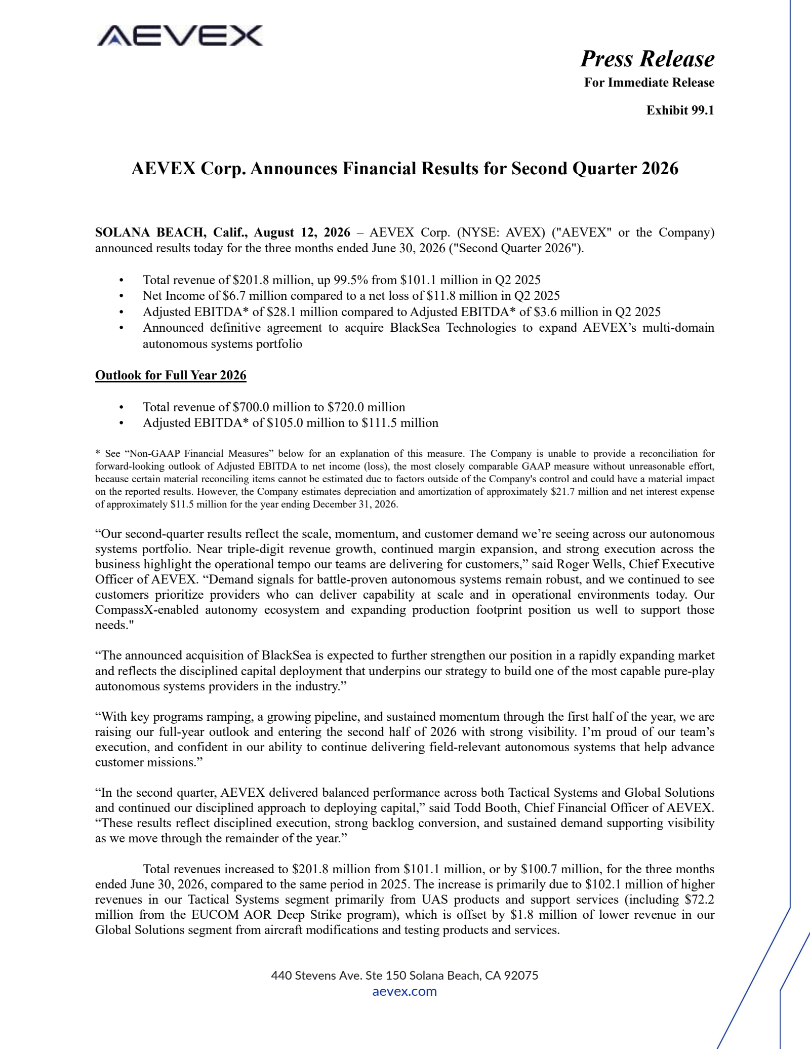 AEVEX's Q2 2026 Press Release