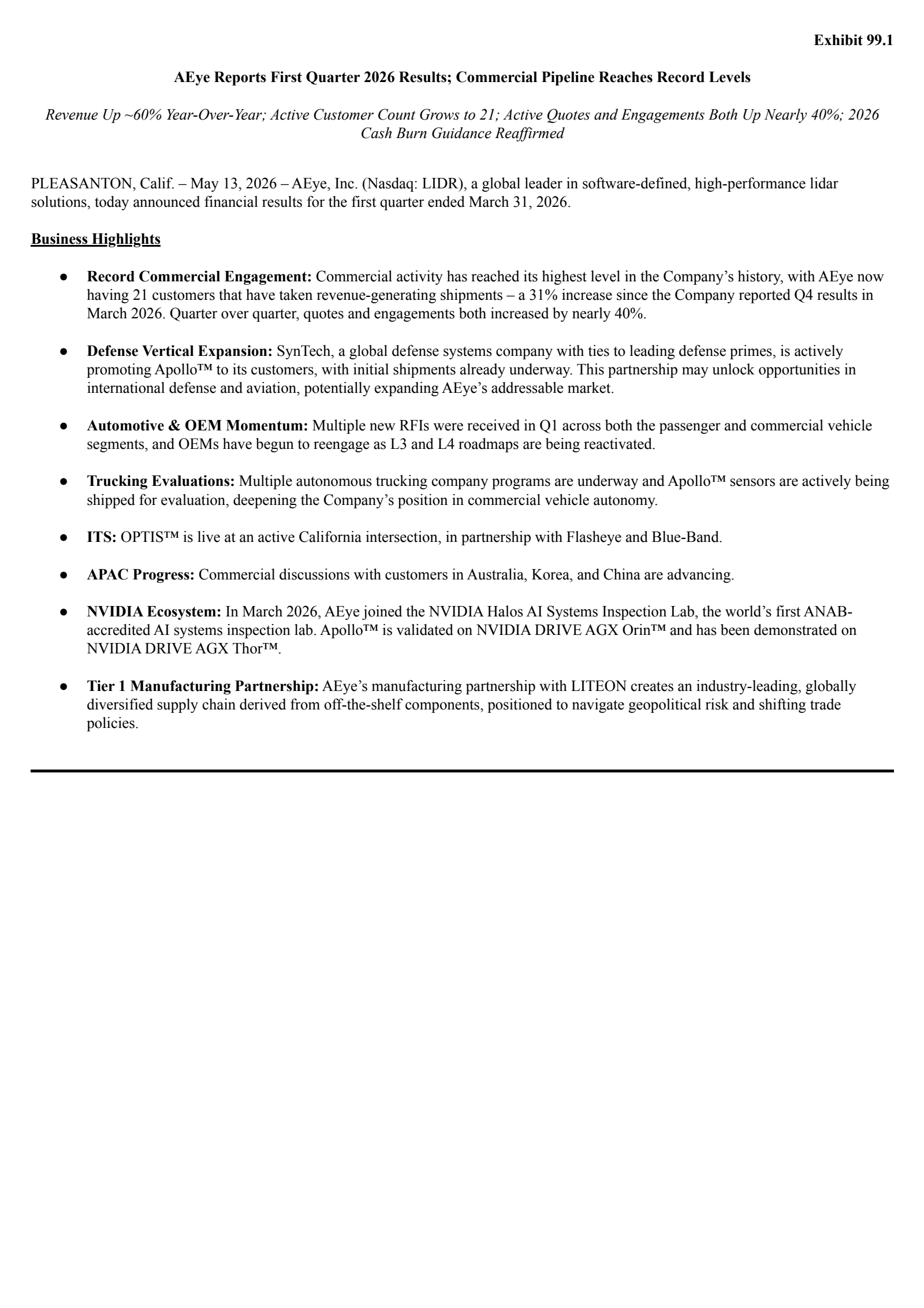 AEye's Q1 2026 Press Release