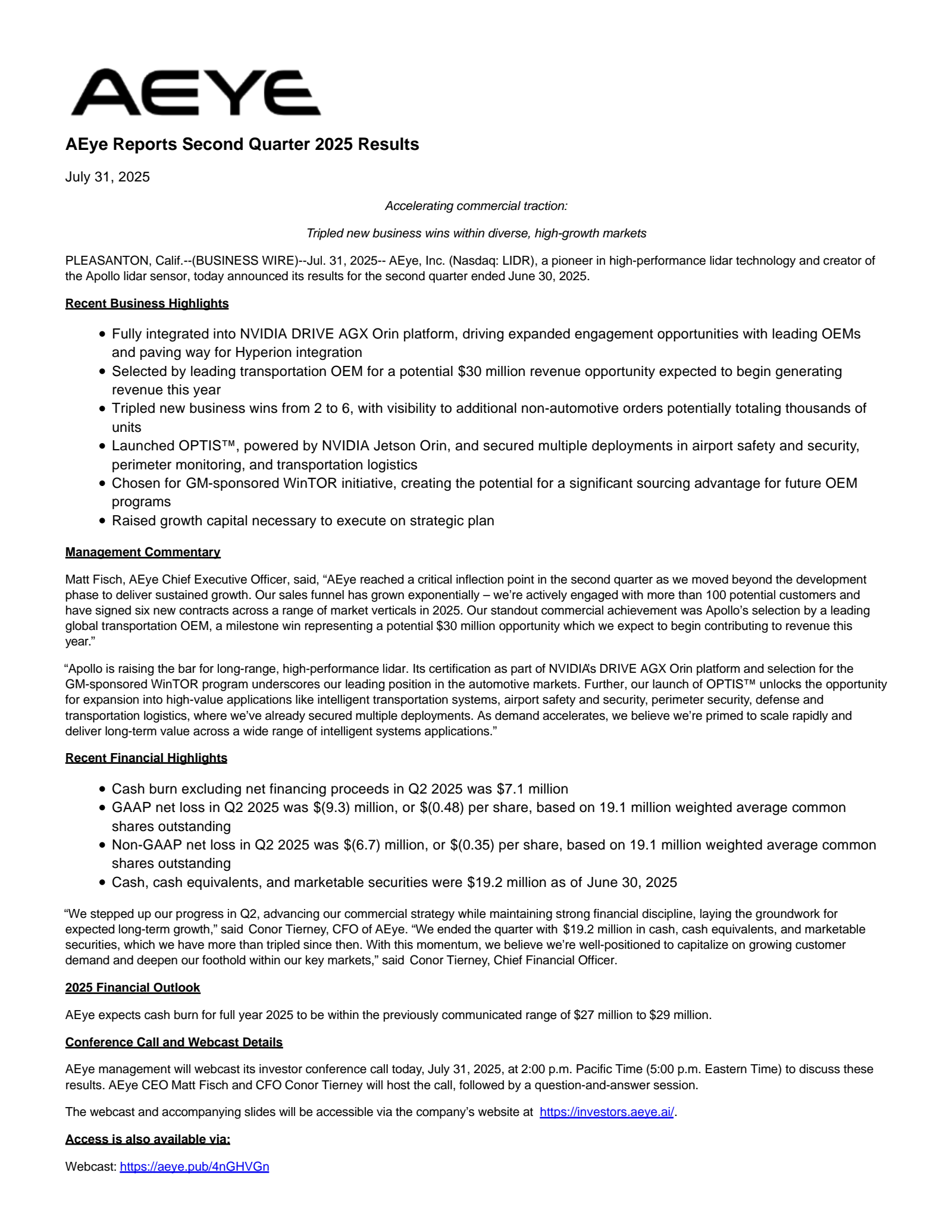 AEye's Q2 2025 Press Release