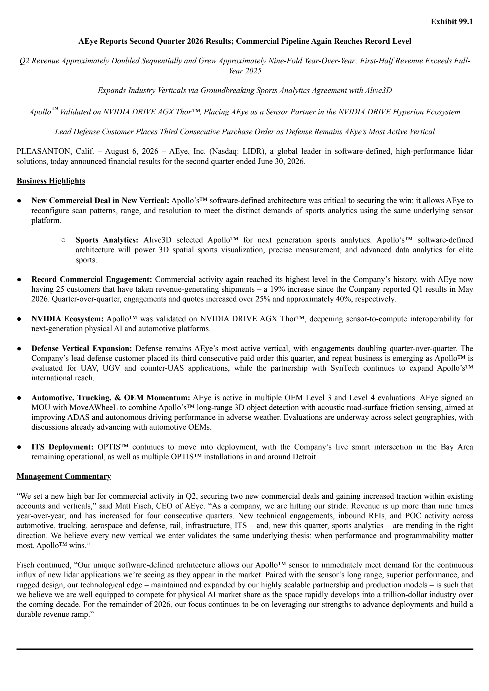 AEye's Q2 2026 Press Release