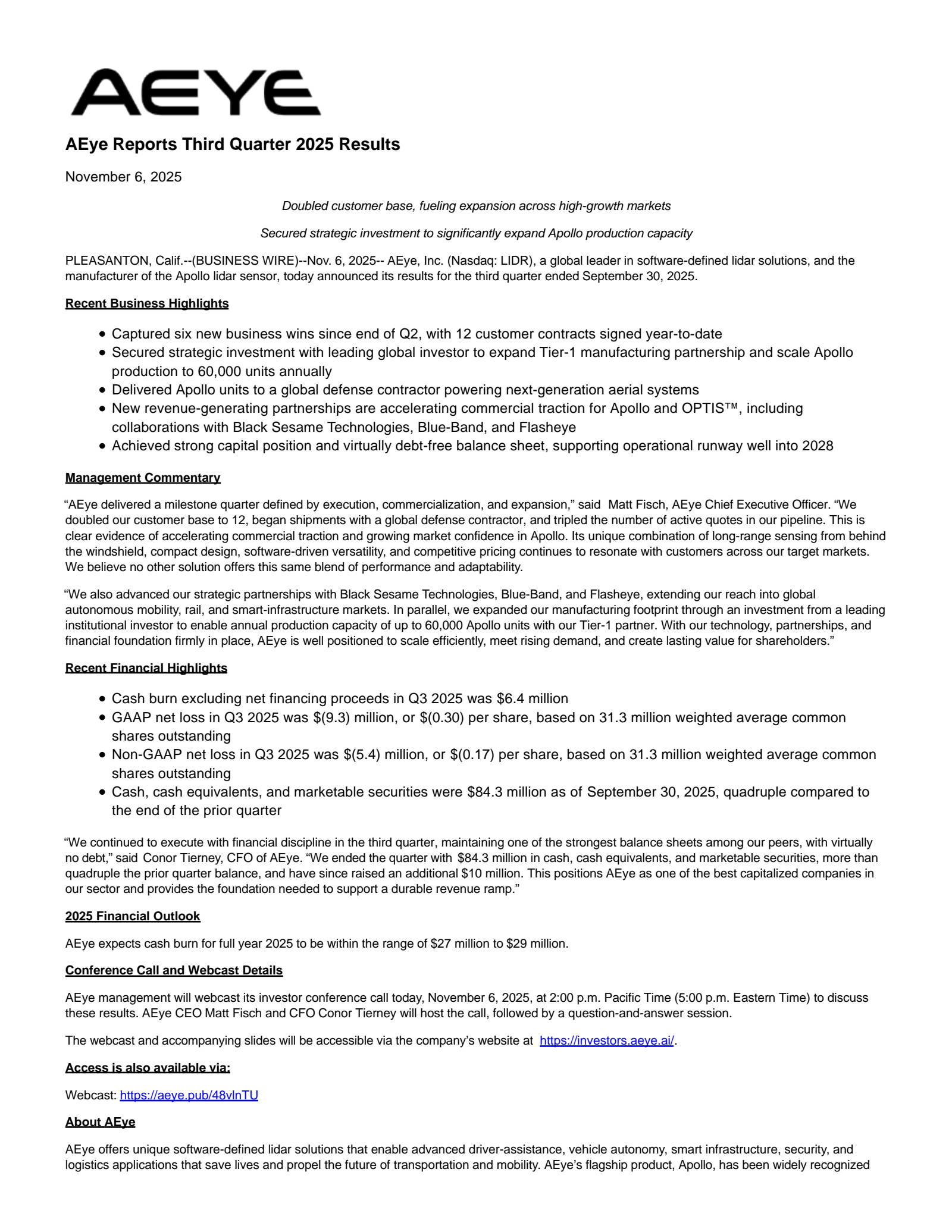 AEye's Q3 2025 Earnings Release
