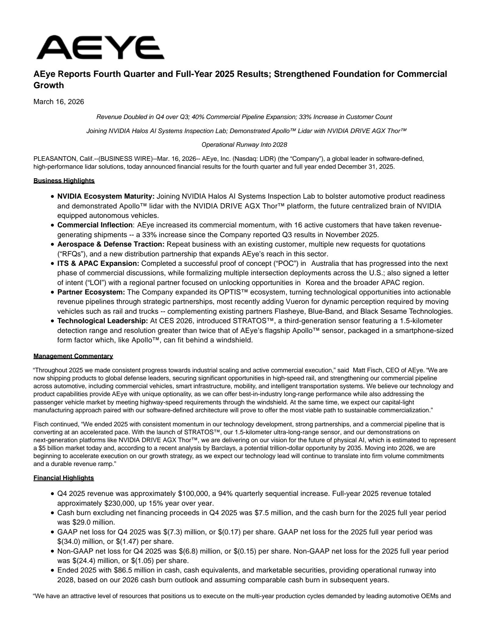 AEye's Q4 2025 Press Release