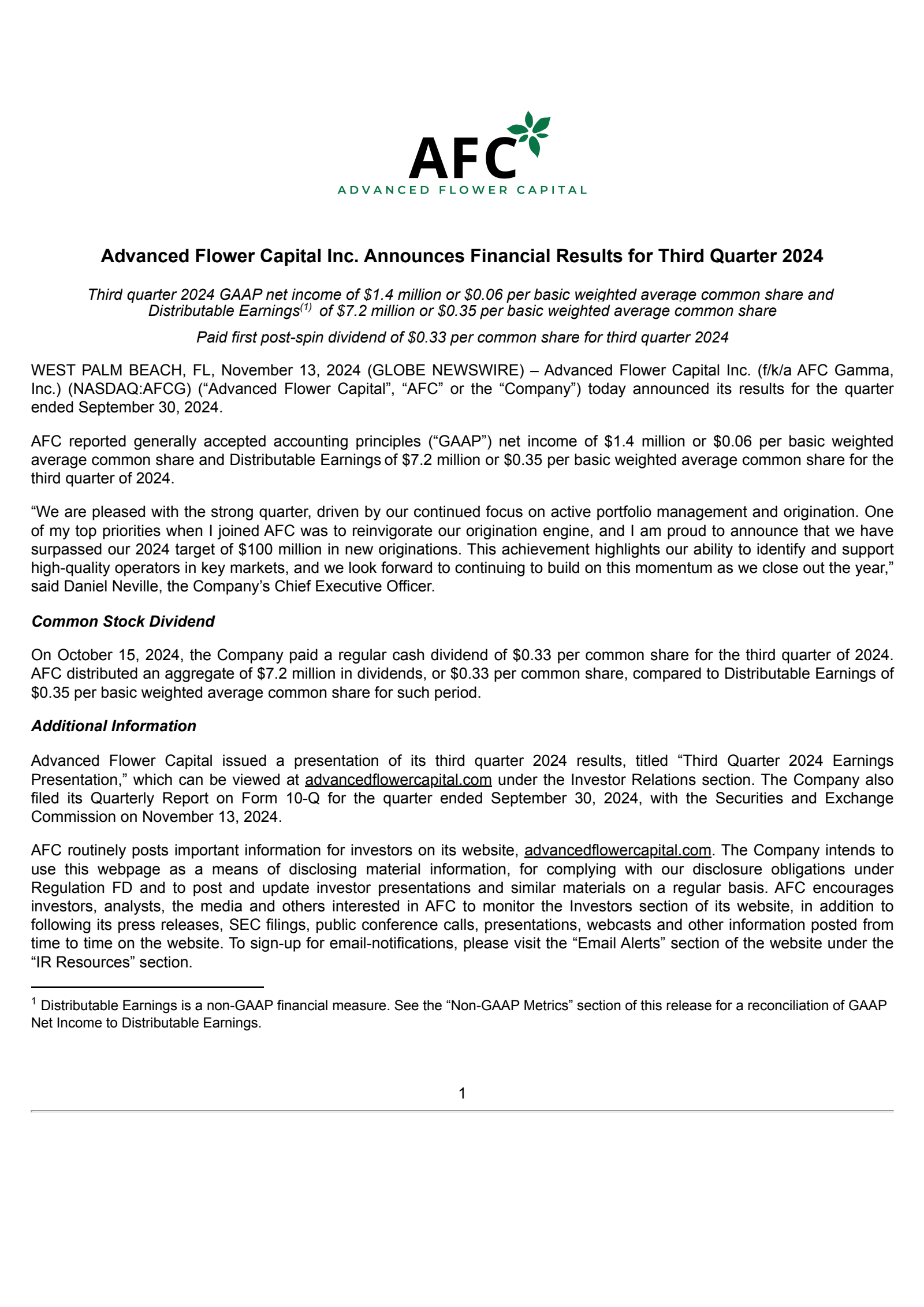 AFC Gamma's Q3 2024 Press Release