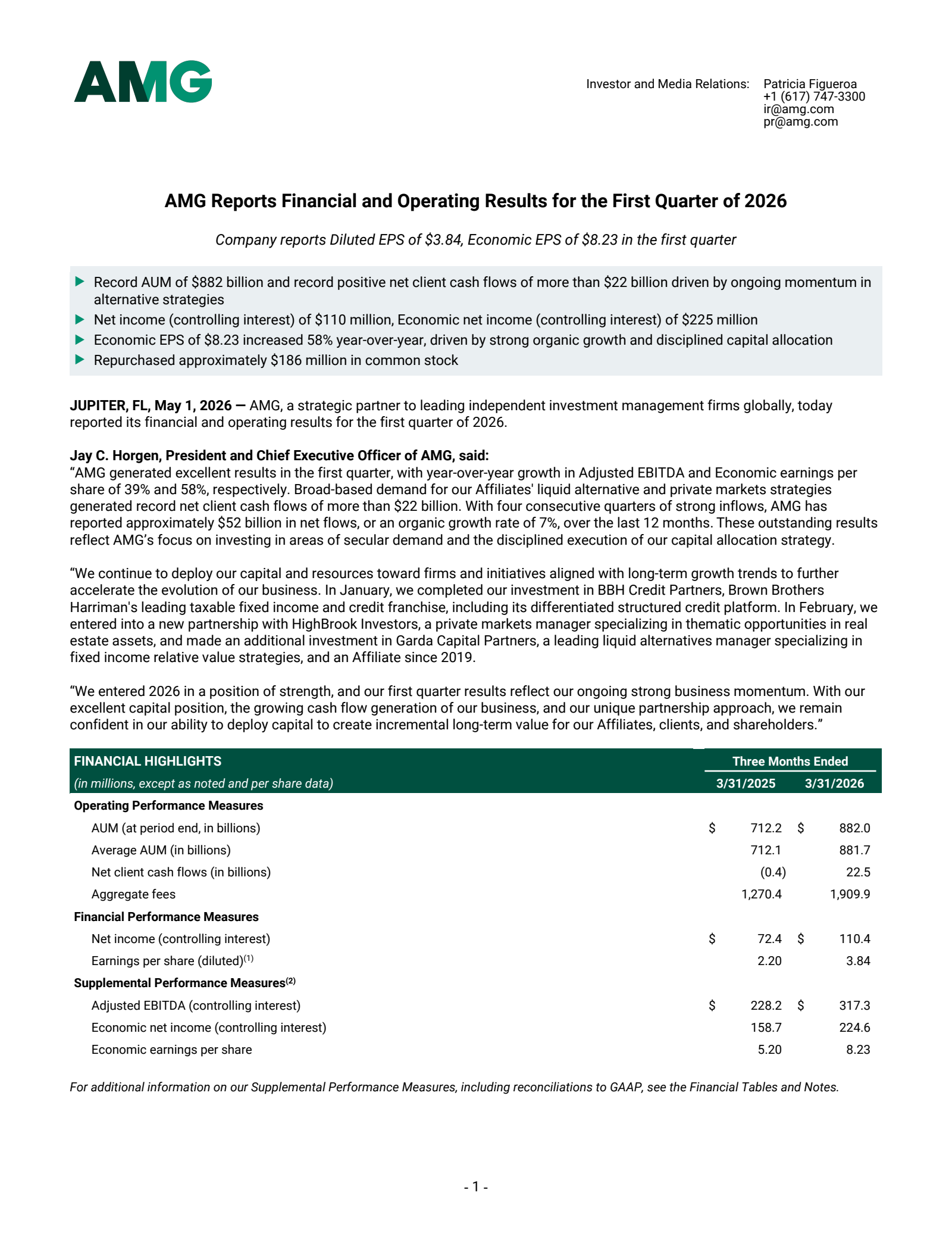 Affiliated Managers Group's Q1 2026 Press Release