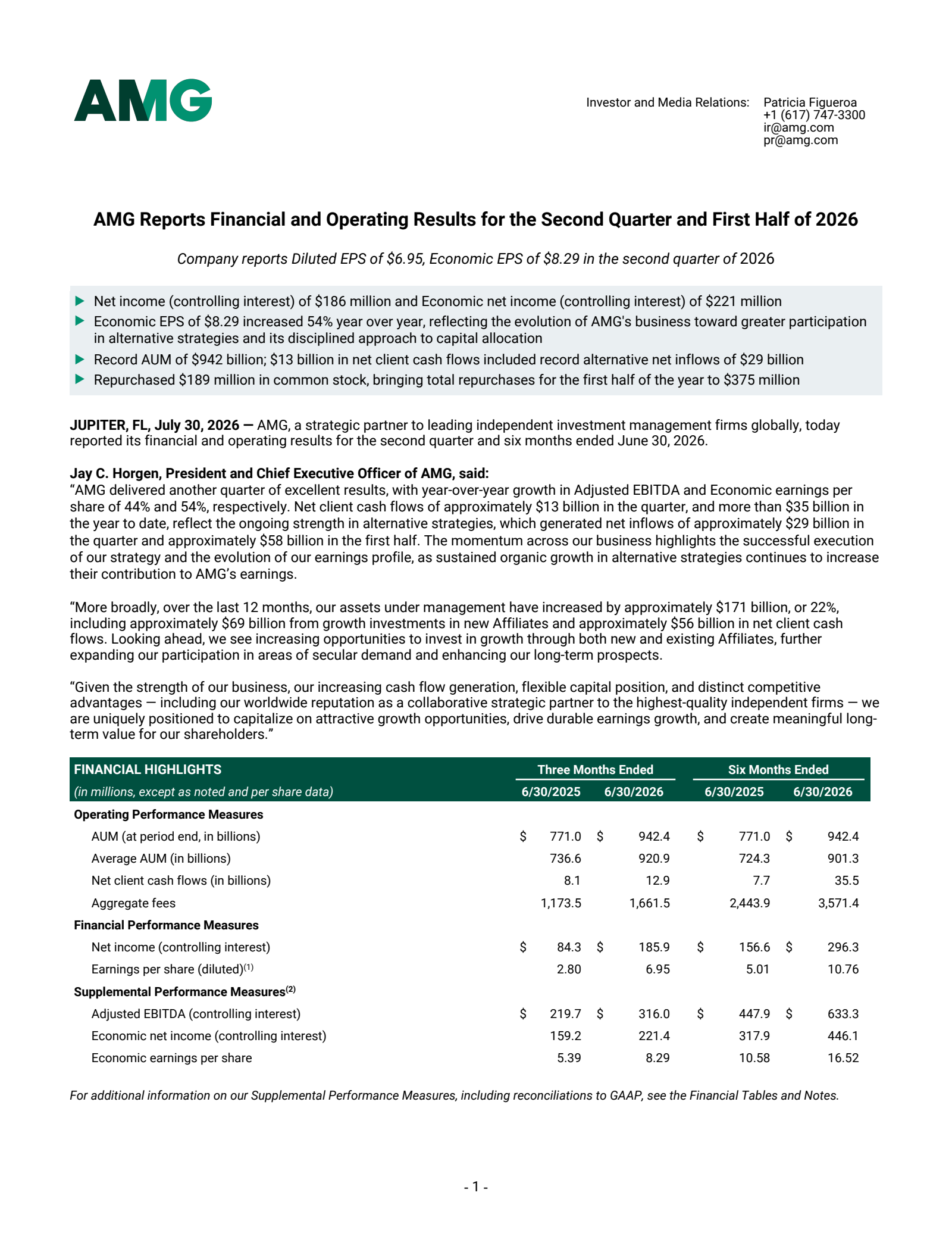 Affiliated Managers Group's Q2 2026 Press Release