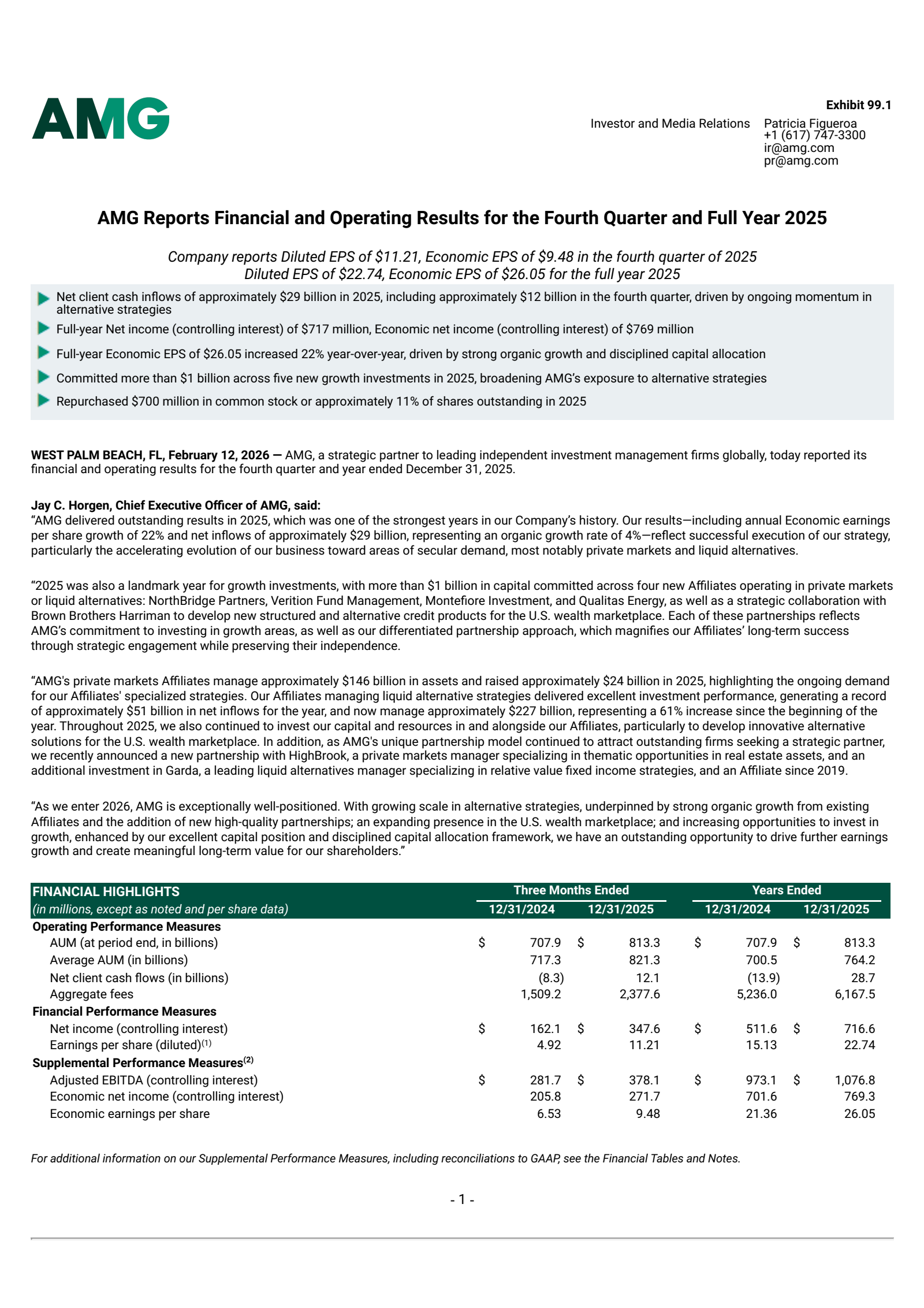Affiliated Managers Group's Q4 2025 Press Release